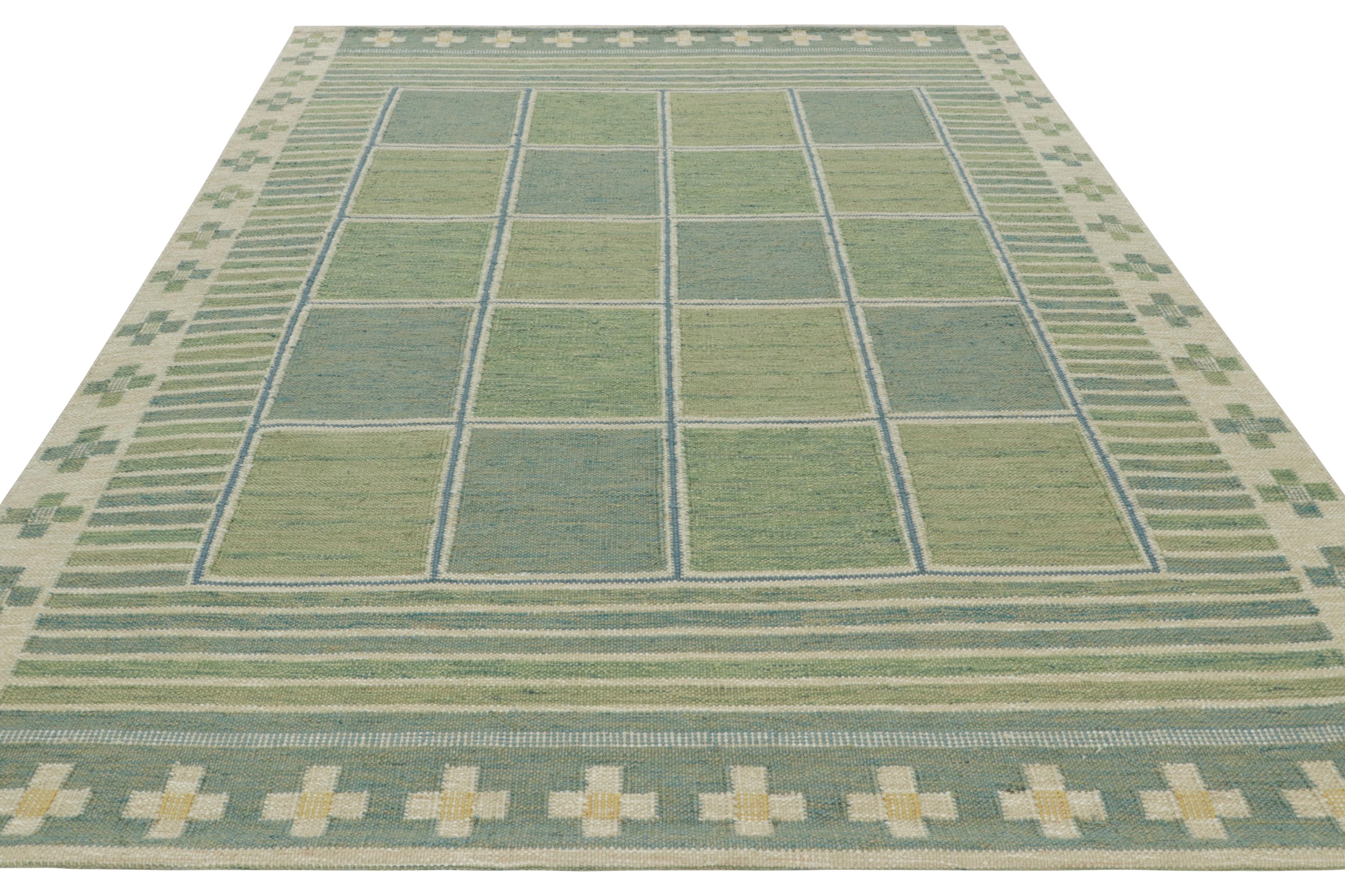 Annodato a mano Rug & Kilim - Tappeto Kilim personalizzato in stile scandinavo, verde con motivi geometrici in vendita