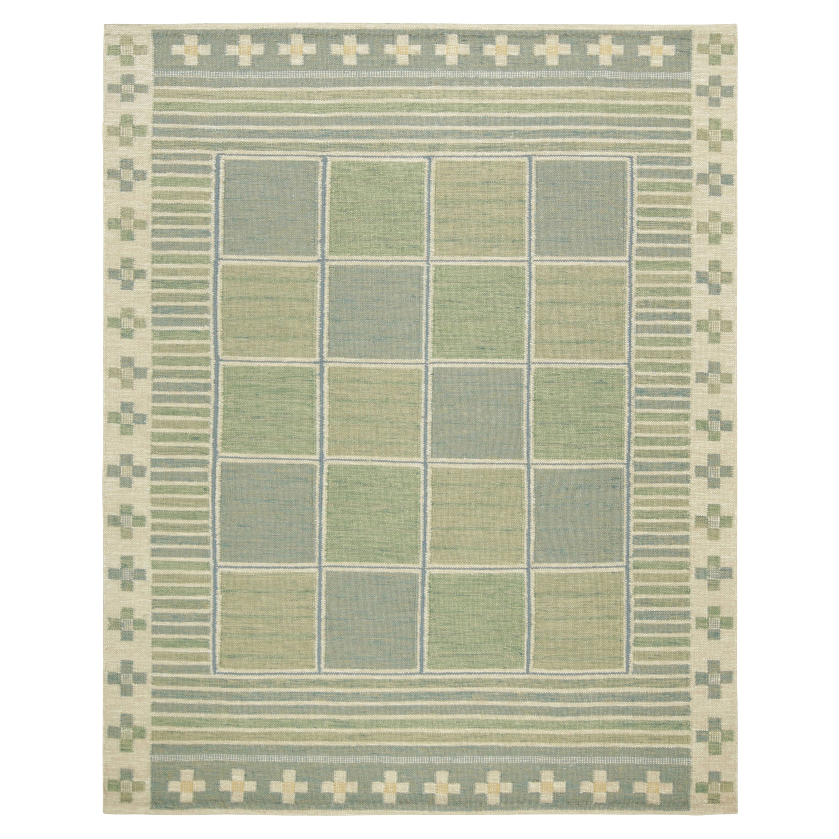 Rug & Kilim's skandinavischer, maßgefertigter Kilimteppich, grün mit geometrischen Mustern