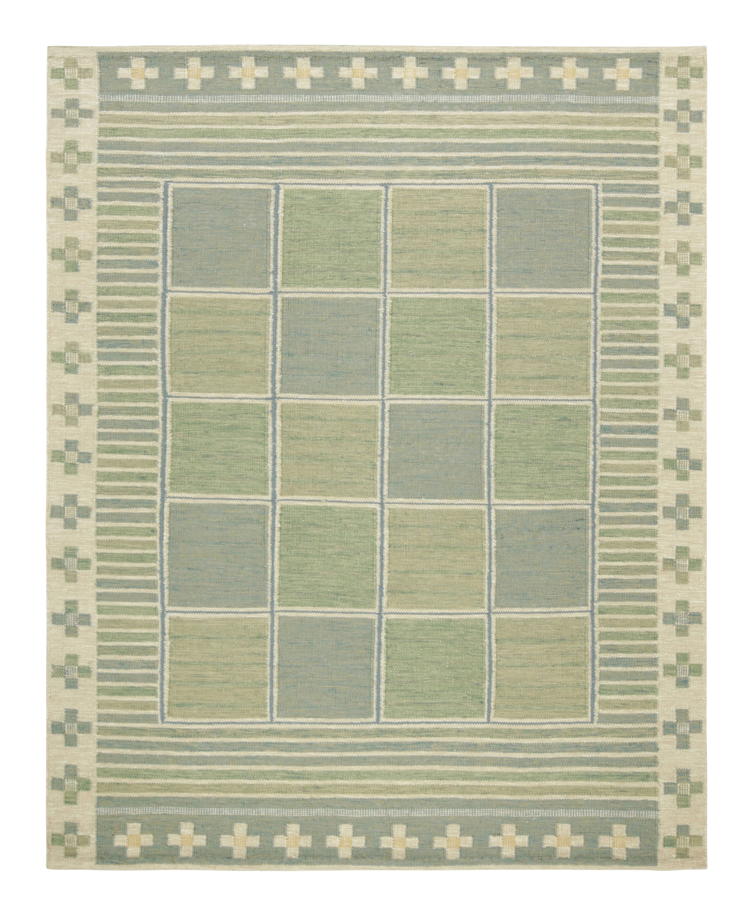 Rug & Kilim - Tappeto Kilim personalizzato in stile scandinavo, verde con motivi geometrici in vendita