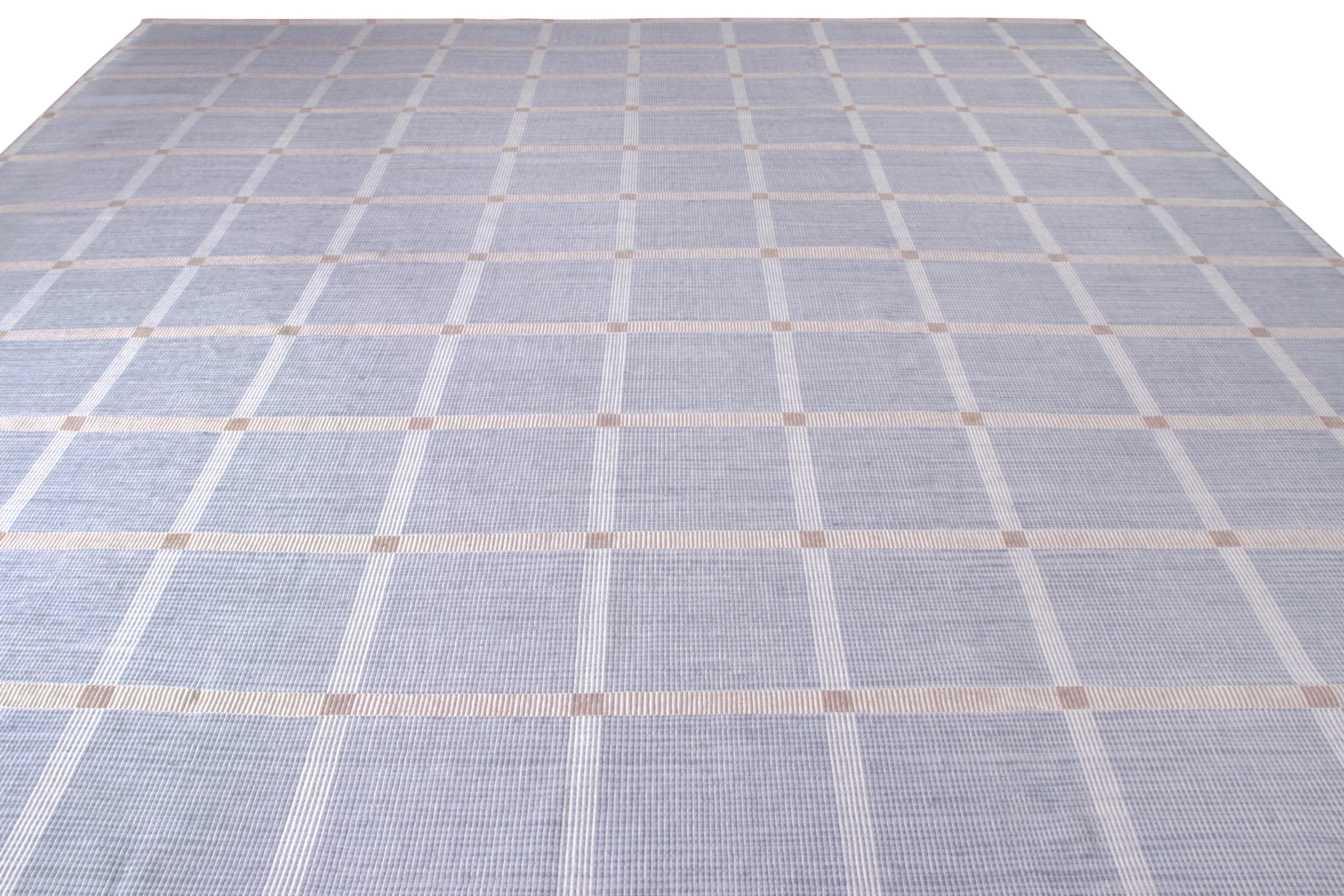 Handwoven with semi worsted wool, Rug & Kilim boasts its uniquely crafted Scandinavian style custom kilim rug that exudes phenomenal textural beauty—complementing its unique blue and white geometric pattern for a soothing sense of movement. Boasting