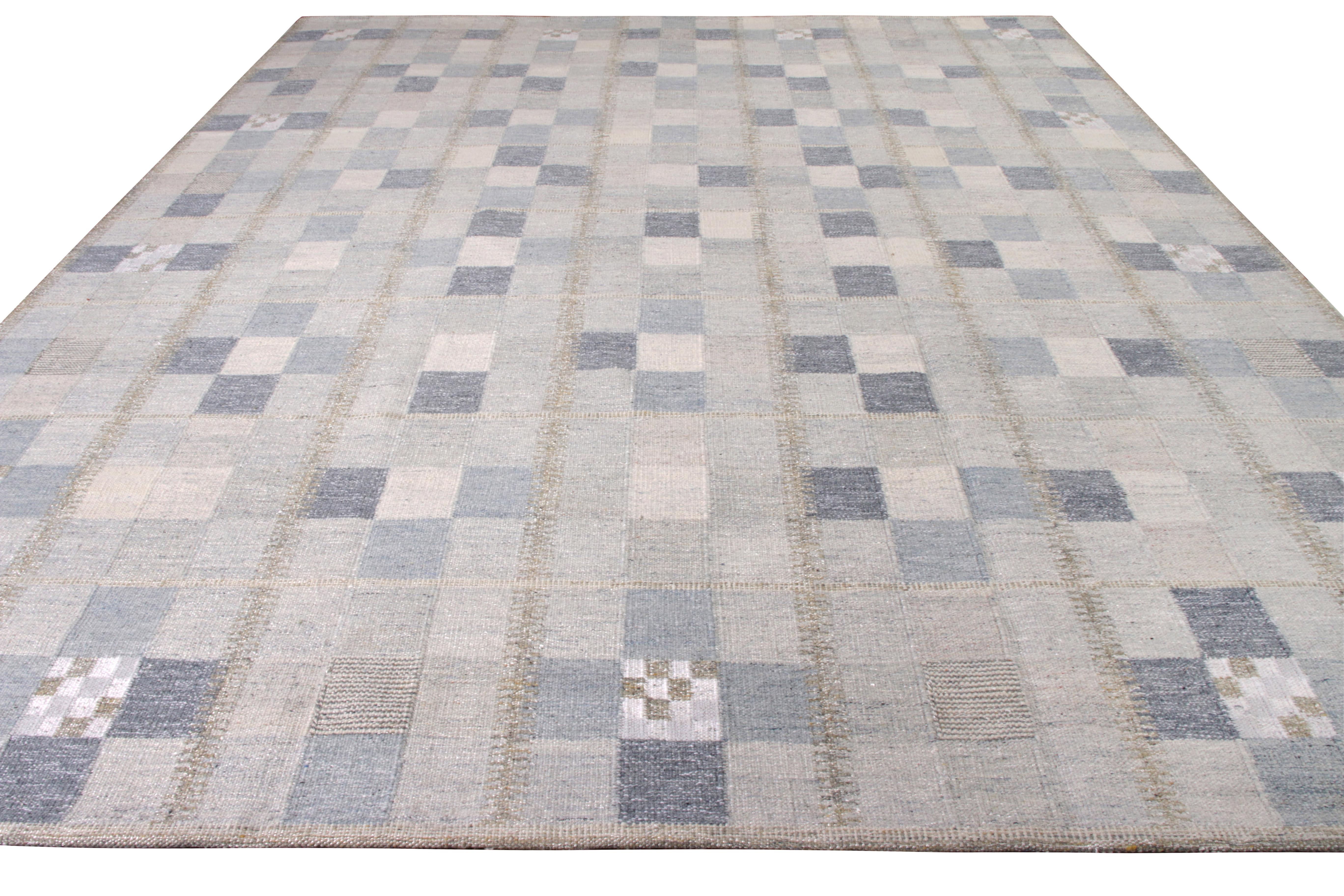 Emanating the elegance of Swedish artistic sensibilities, this 12 x 15 Kilim represents custom flat weave designs available from Rug & Kilim’s Scandinavian Collection. The remarkable mid-century influence can be noted through an enticing pattern