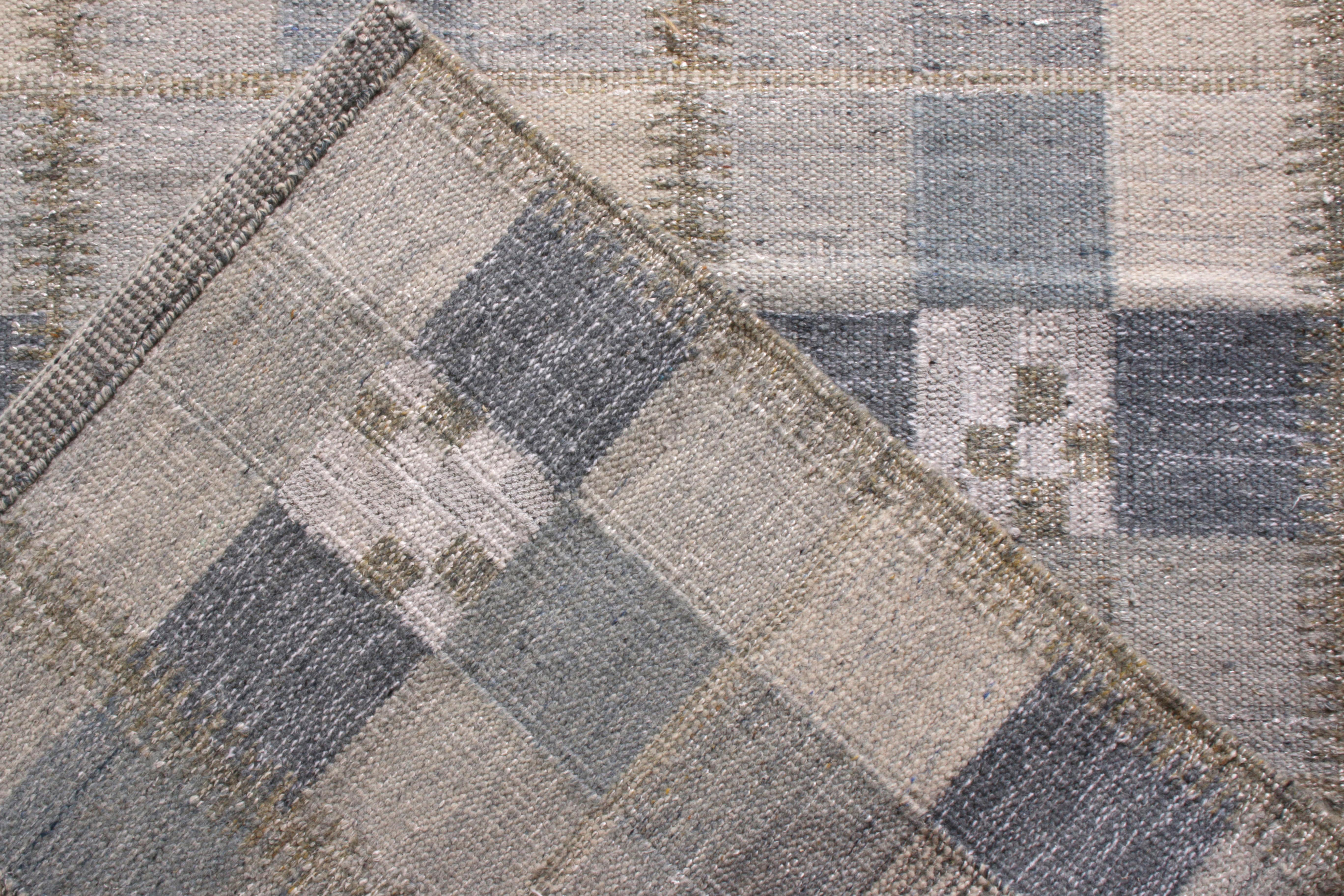 Hand-Knotted Rug & Kilim’s Scandinavian Style Custom Kilim Rug in Blue Grey Check pattern For Sale