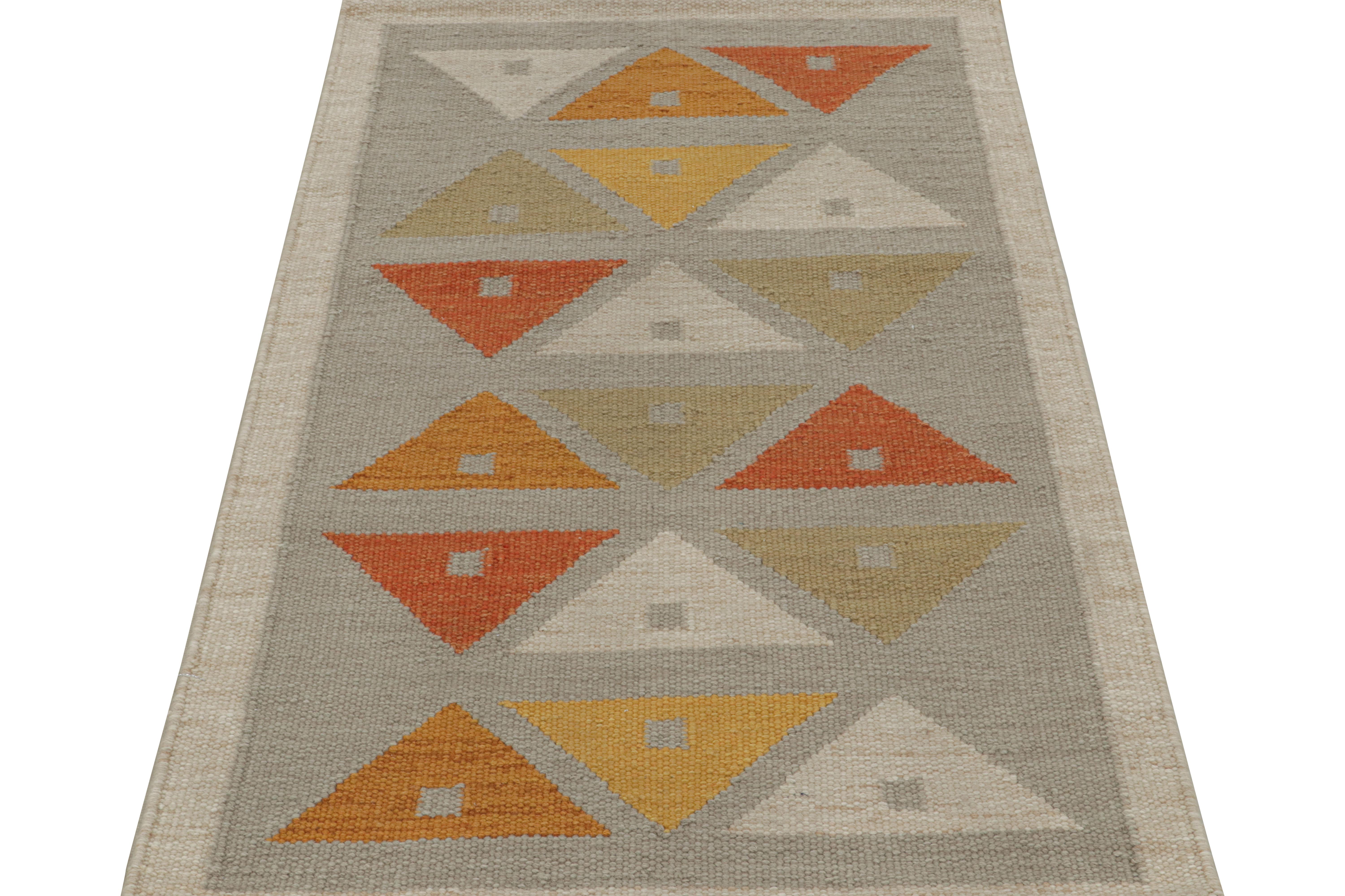 Modern Rug & Kilim’s Scandinavian Style Custom Kilim rug in Grey & Orange Patterns For Sale