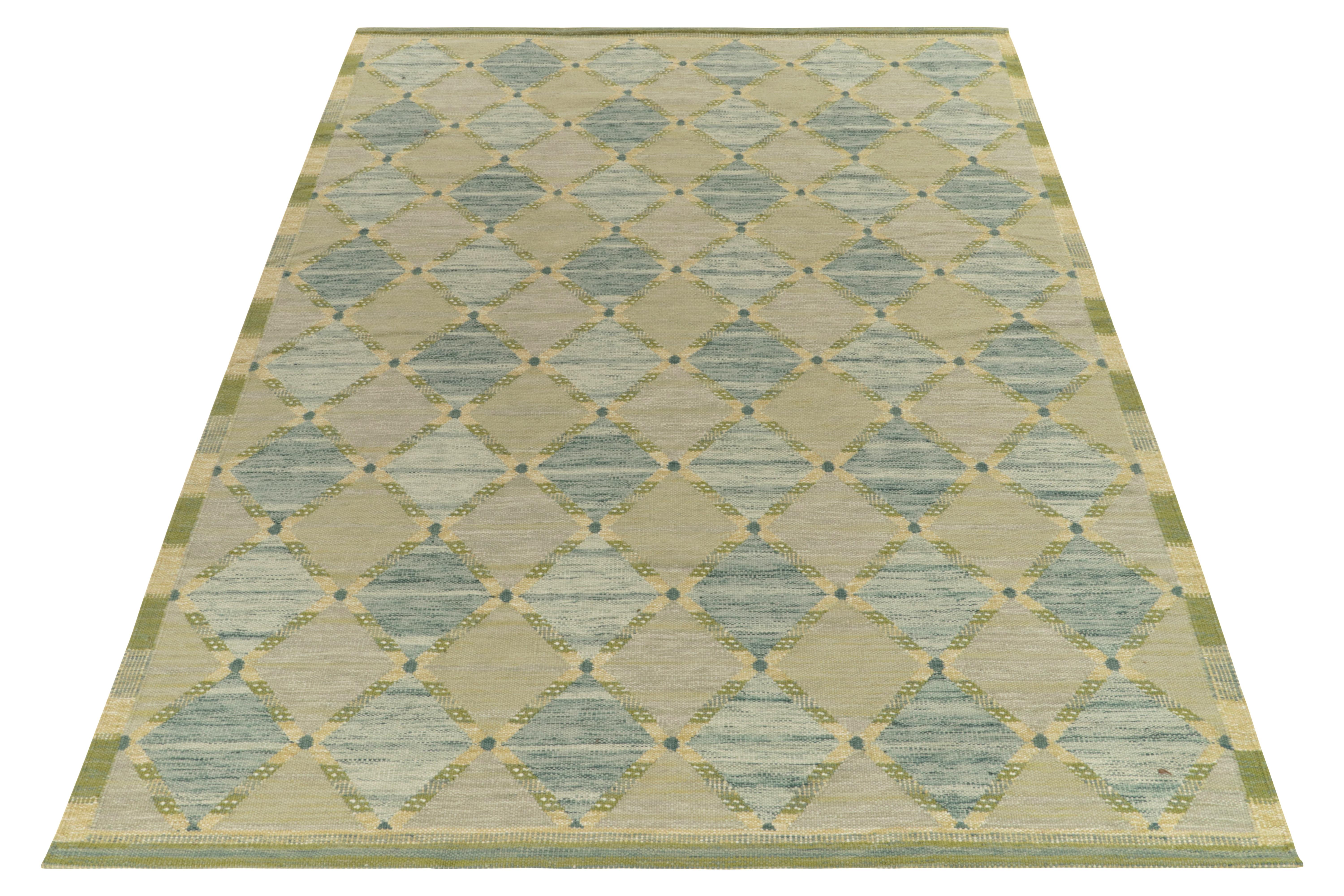 Maßgefertigte Kelim-Teppiche von Teppich & Kilim im skandinavischen Stil mit blauen, grünen Spaliern (Skandinavische Moderne) im Angebot