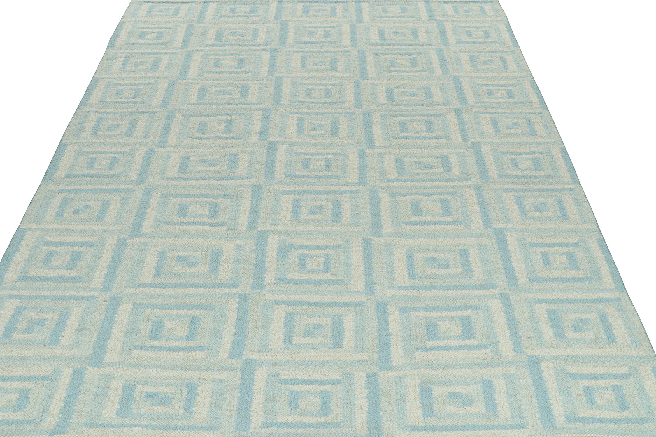 Scandinavian Modern Rug & Kilim’s Scandinavian Style Custom Kilim with Blue Geometric Patterns For Sale