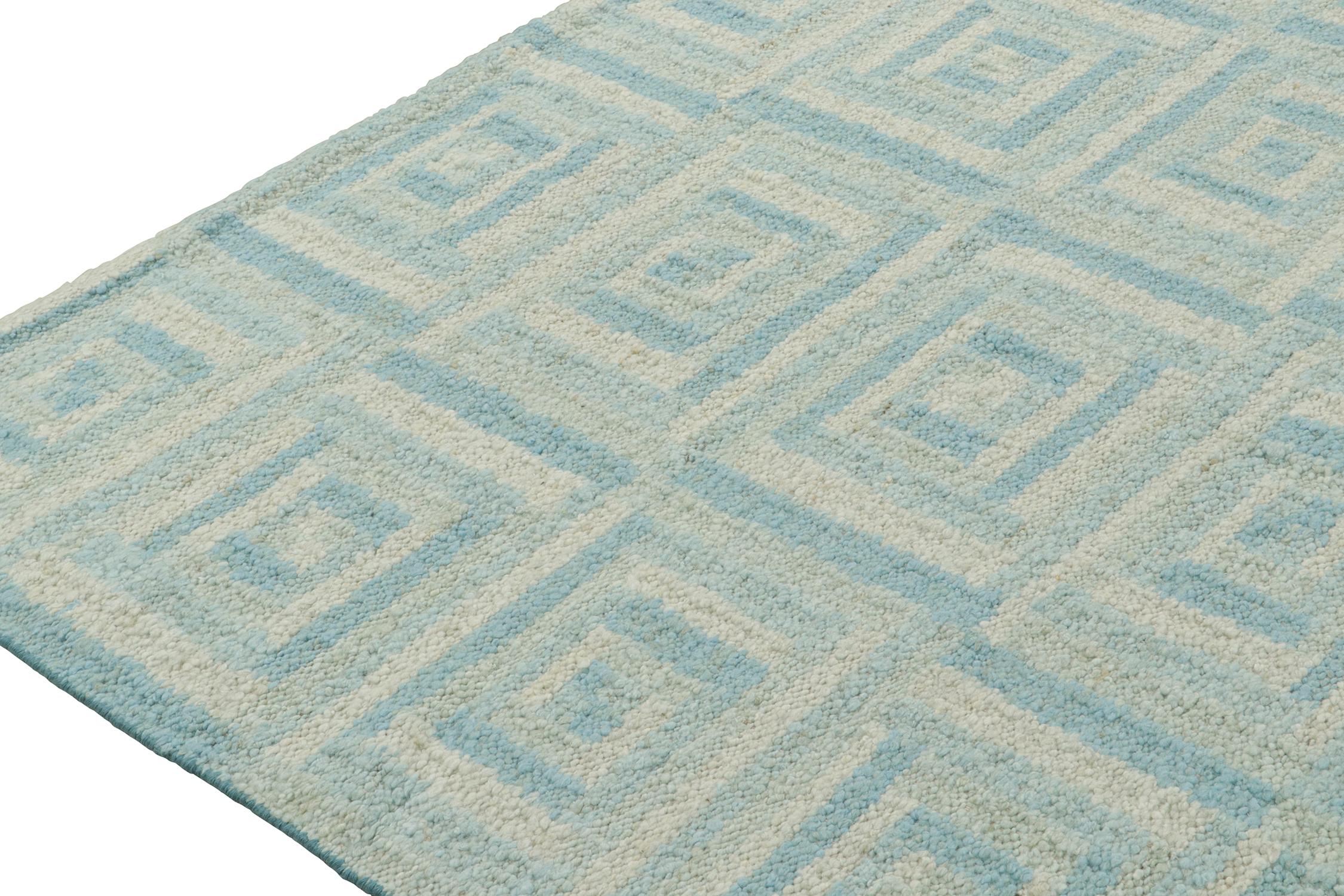 Hand-Knotted Rug & Kilim’s Scandinavian Style Custom Kilim with Blue Geometric Patterns For Sale