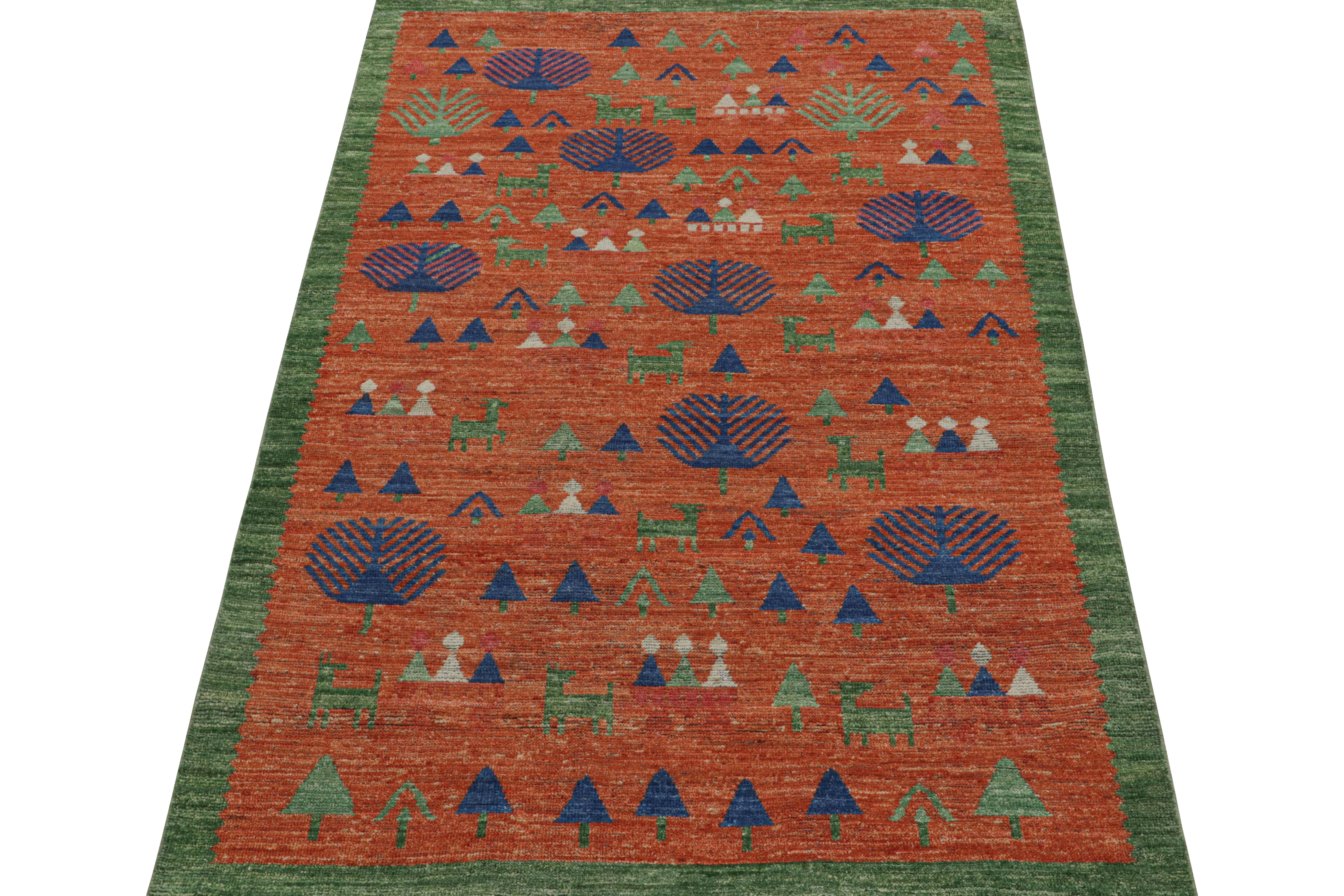 Tribal Rug & Kilim’s Scandinavian Style Custom Rug Design in Orange with Pictorials For Sale
