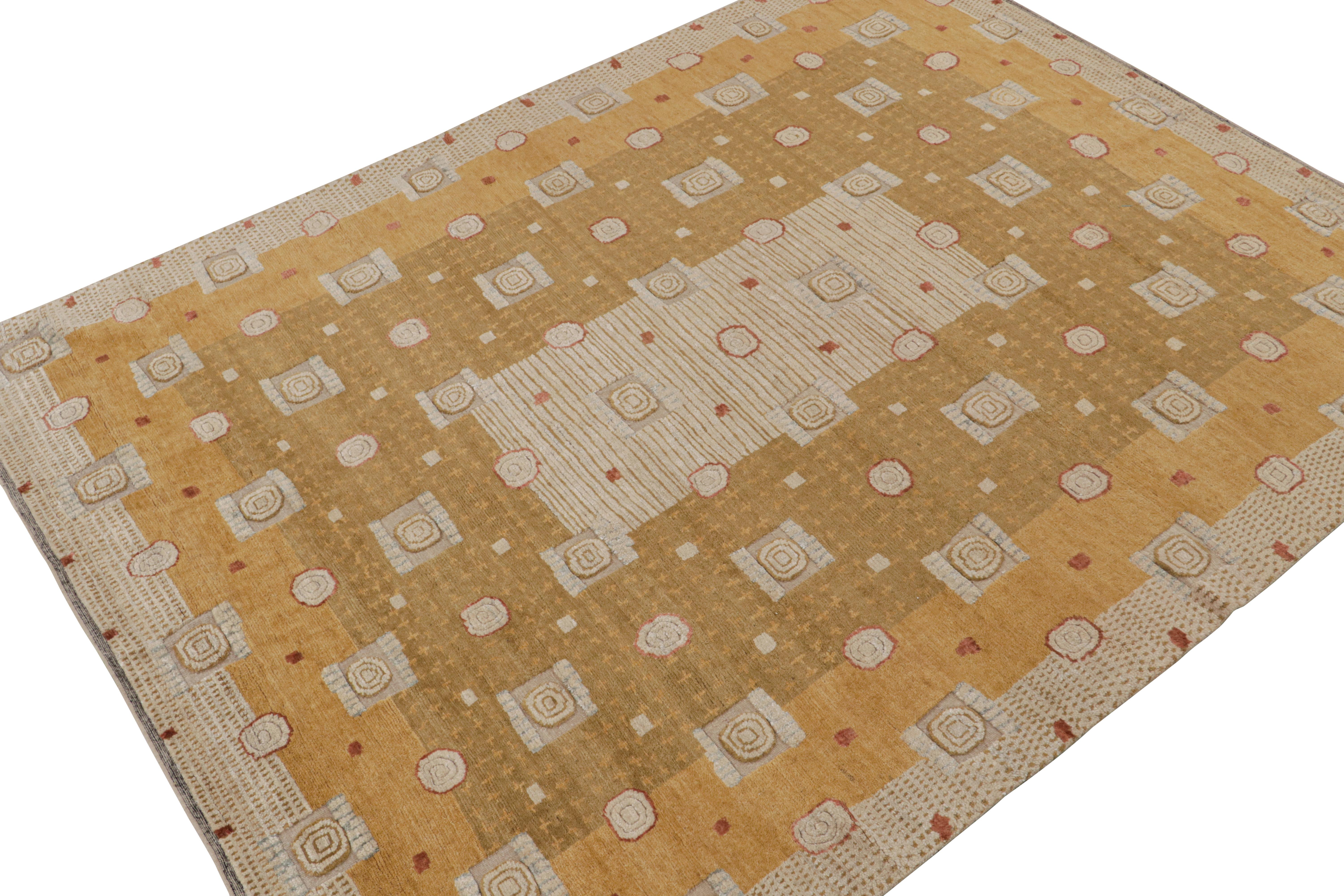 Dieser individuell gestaltete Teppich repräsentiert die Scandinavian Collection'S von Rug & Kilim - eine moderne Interpretation des schwedischen Deco-Stils der Rollakan- und Rya-Teppiche. 

Über das Design:

Diese Fotos zeigen einen 9x12 Teppich in