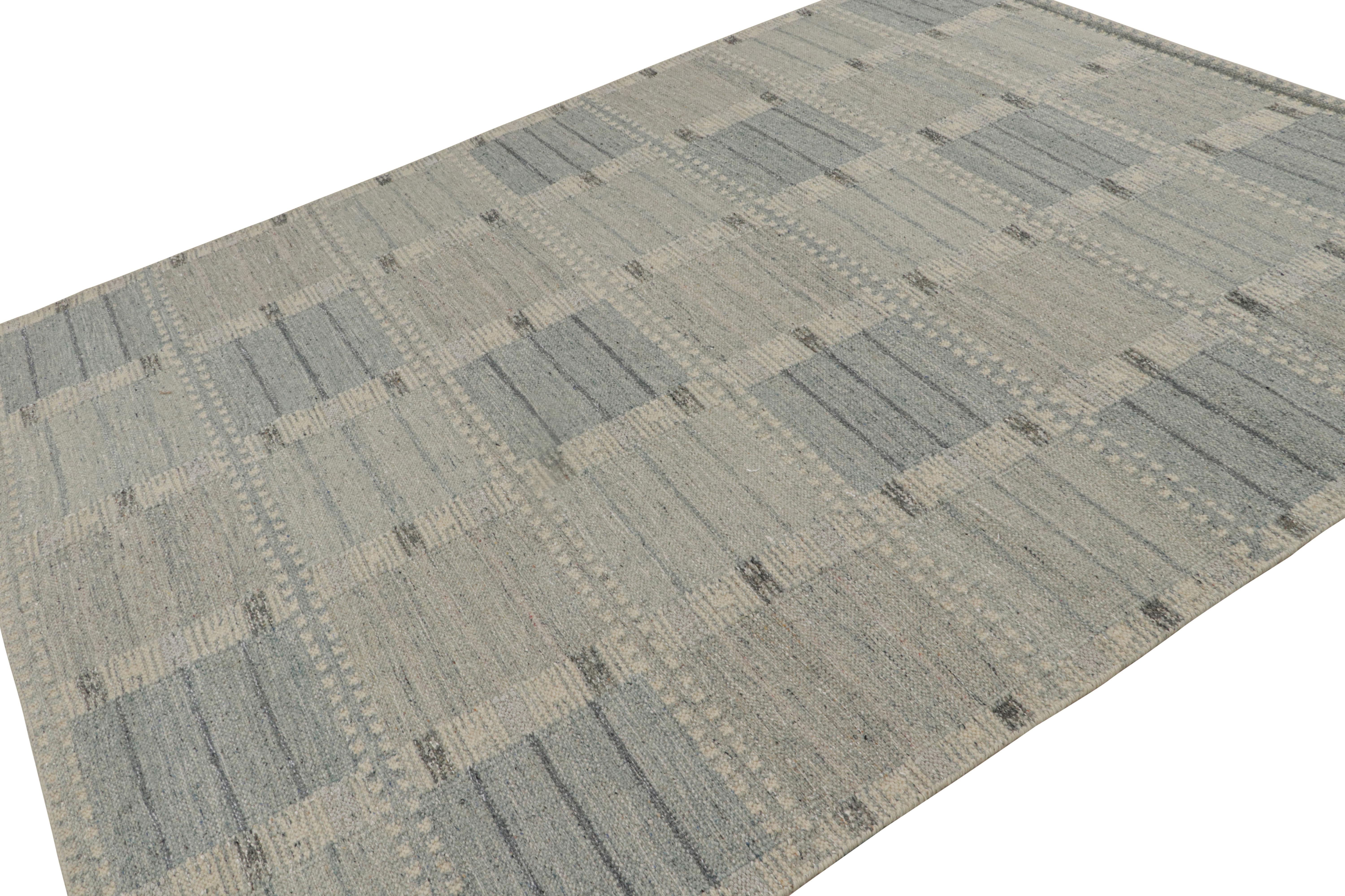 Handwoven in wool, cotton and other undyed natural yarns, this 8x10 Scandinavian kilim rug features geometric patterns in the Swedish minimalist-meets-mid-century modern look. 

On the design: 

Admirers of the craft may admire our 8x10 rug from our
