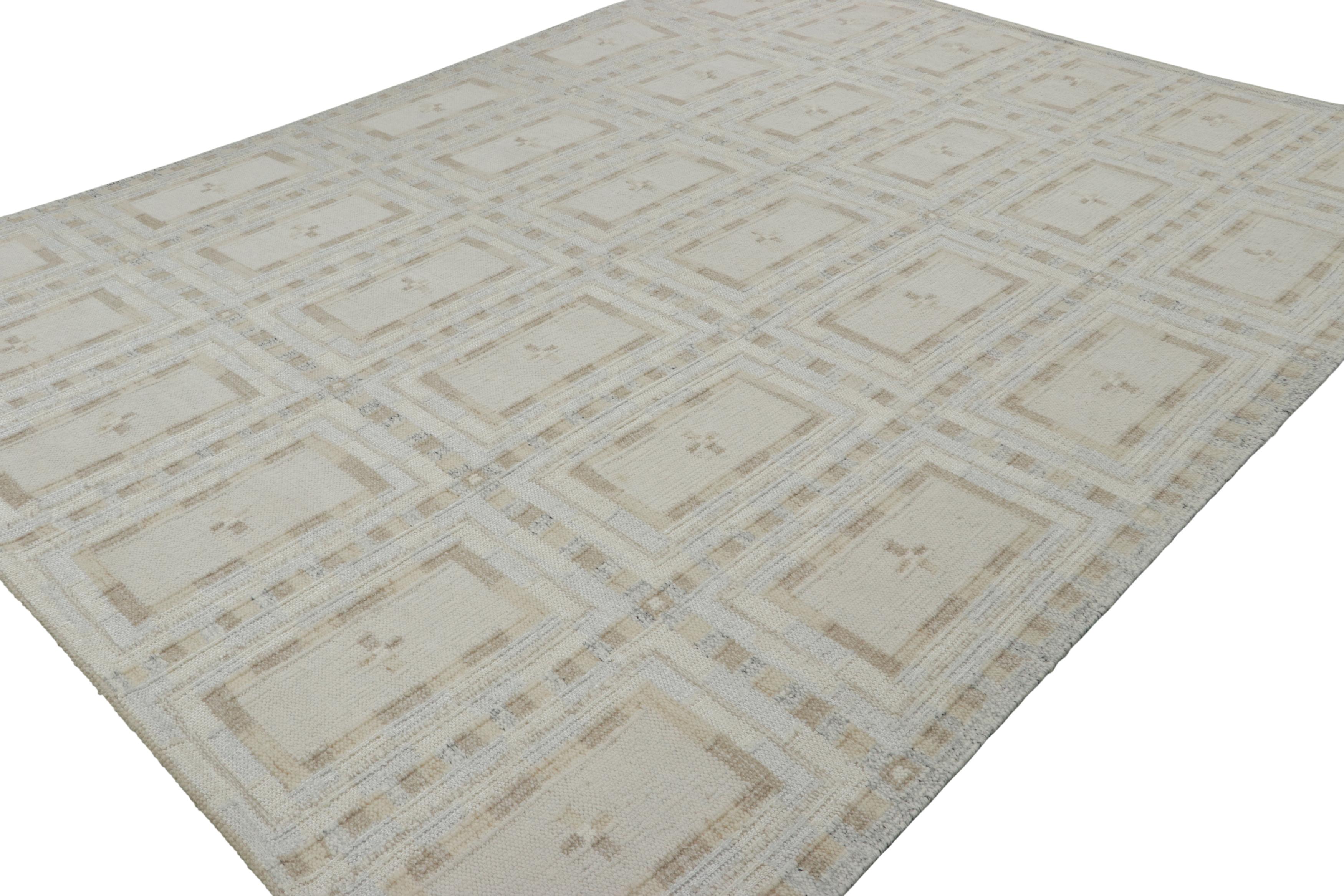 Indian Rug & Kilim’s Scandinavian Style Custom Rug in Beige and Blue Geometric Patterns For Sale