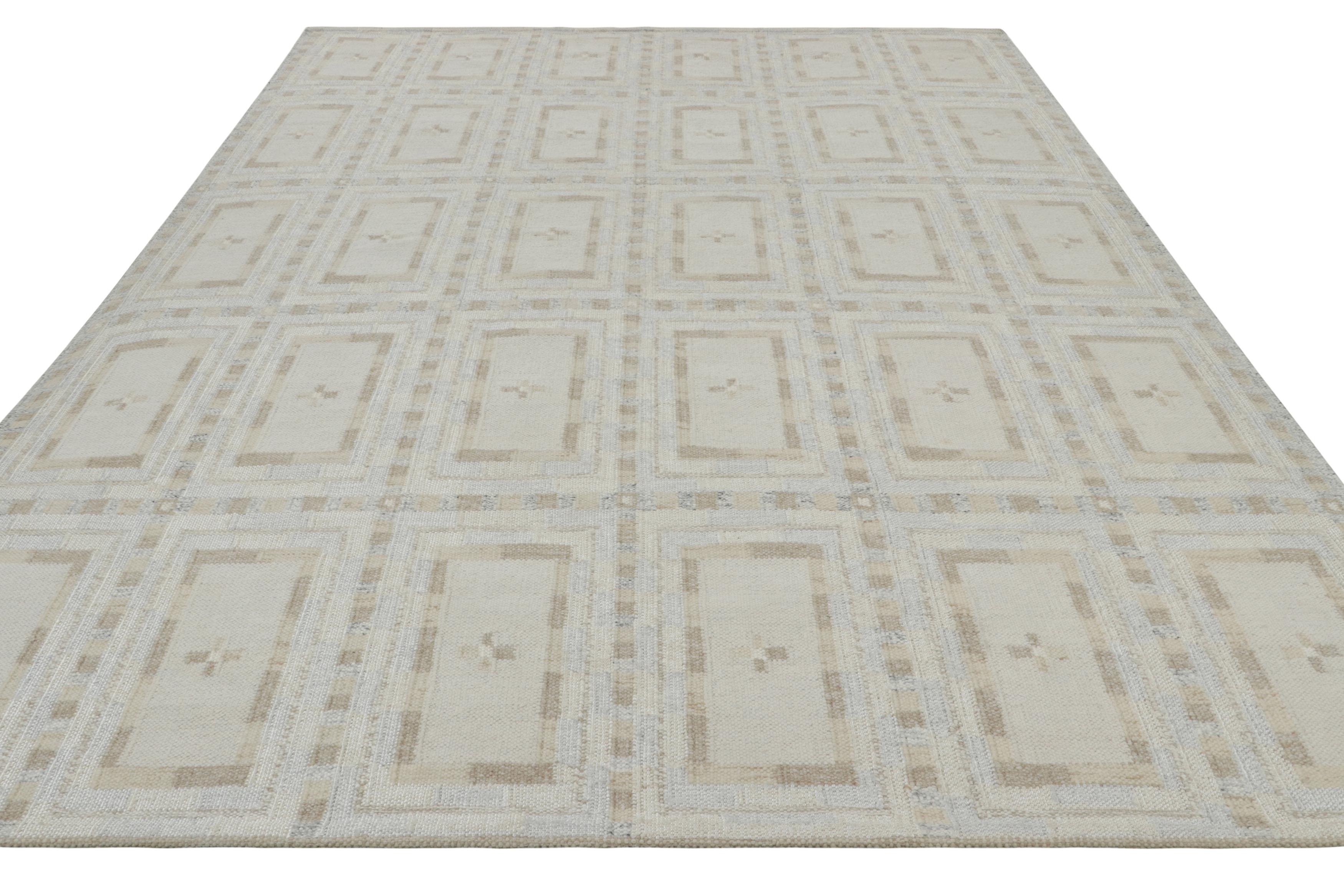 Hand-Woven Rug & Kilim’s Scandinavian Style Custom Rug in Beige and Blue Geometric Patterns For Sale