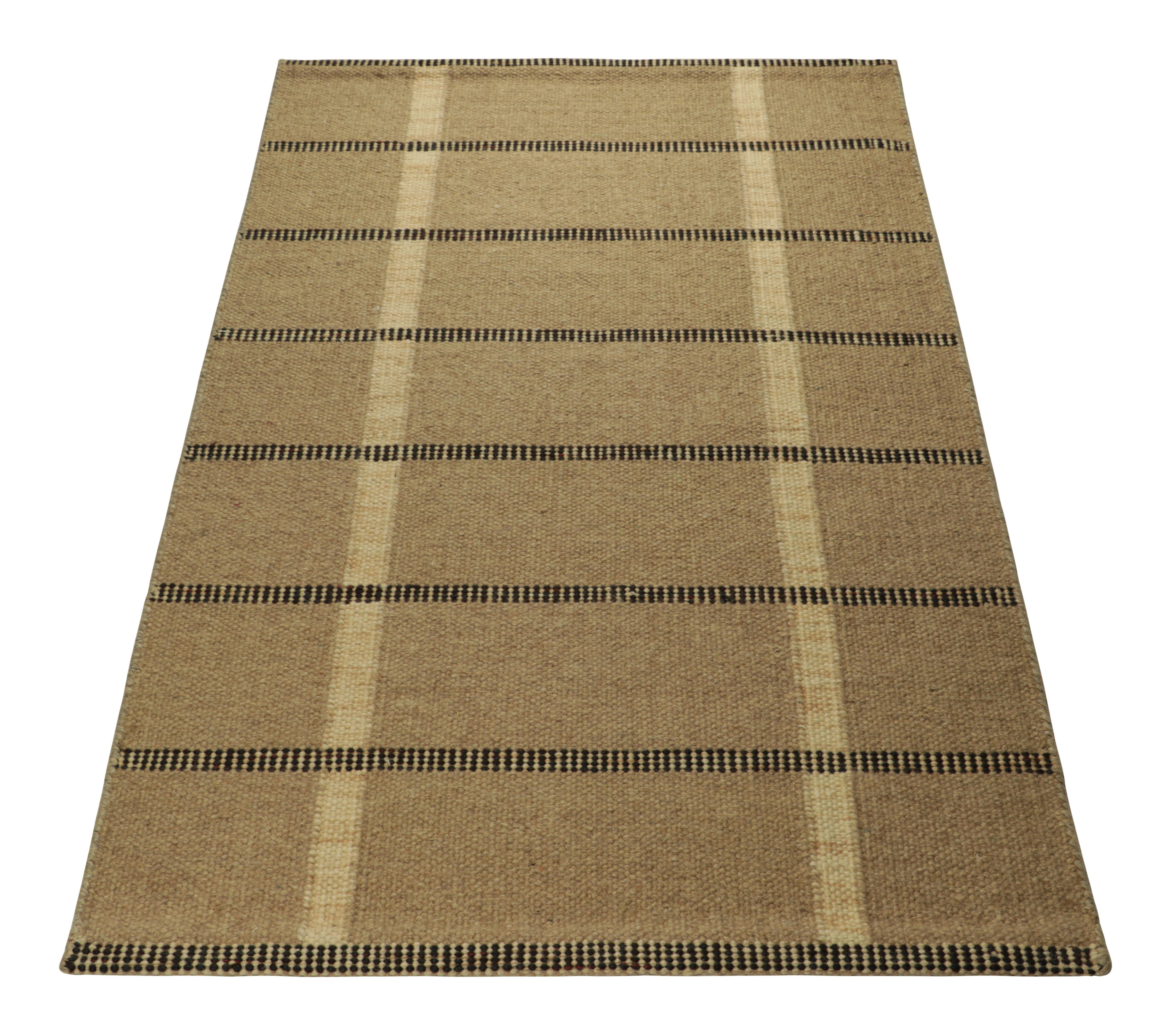 Hand-Knotted Rug & Kilim’s Scandinavian Style Custom Rug in Beige-Brown, with Stripes For Sale