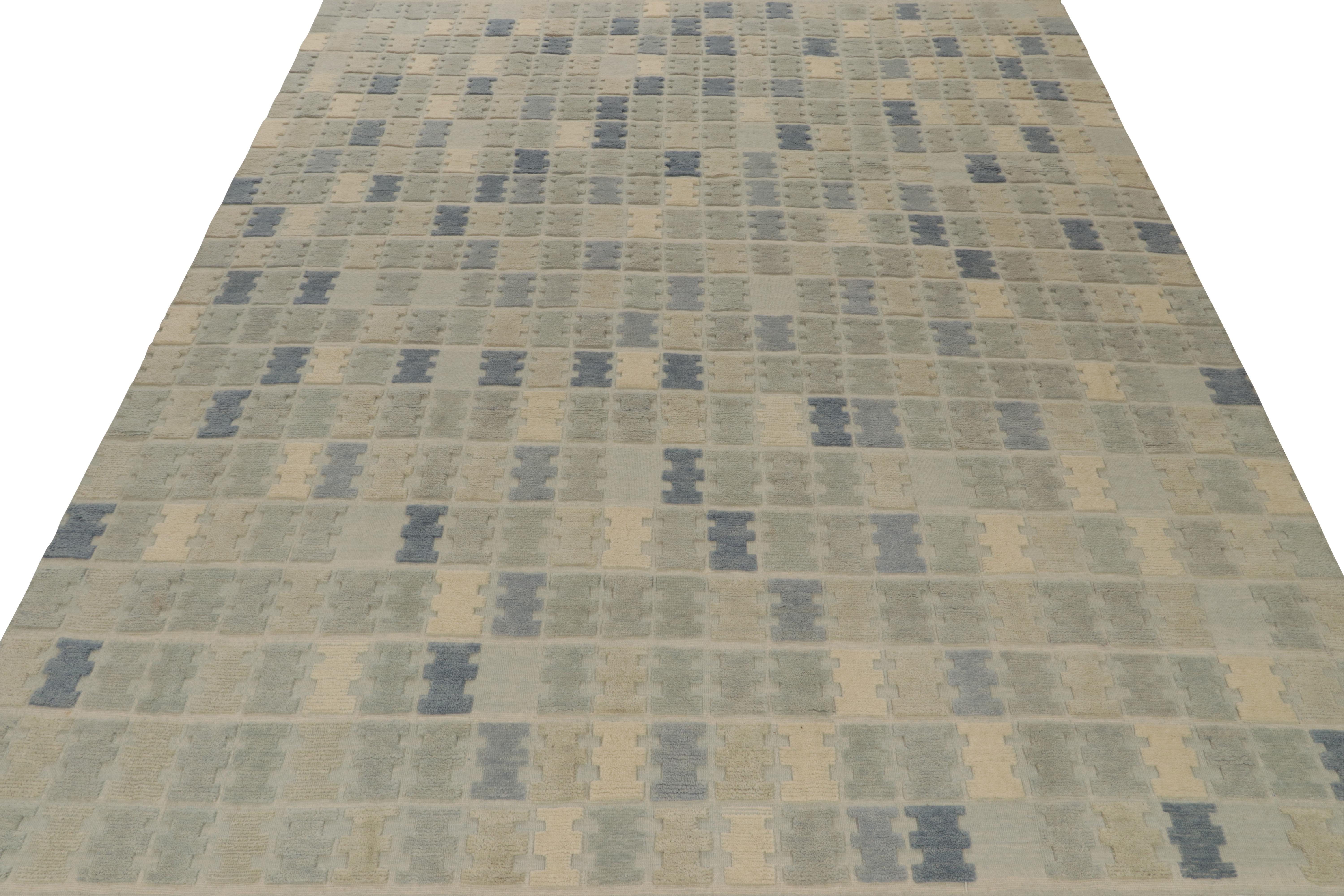 Teppich & Kilims Skandinavischer Stil, maßgefertigter Teppich in Blau und Grau mit geometrischem Muster (Skandinavische Moderne) im Angebot