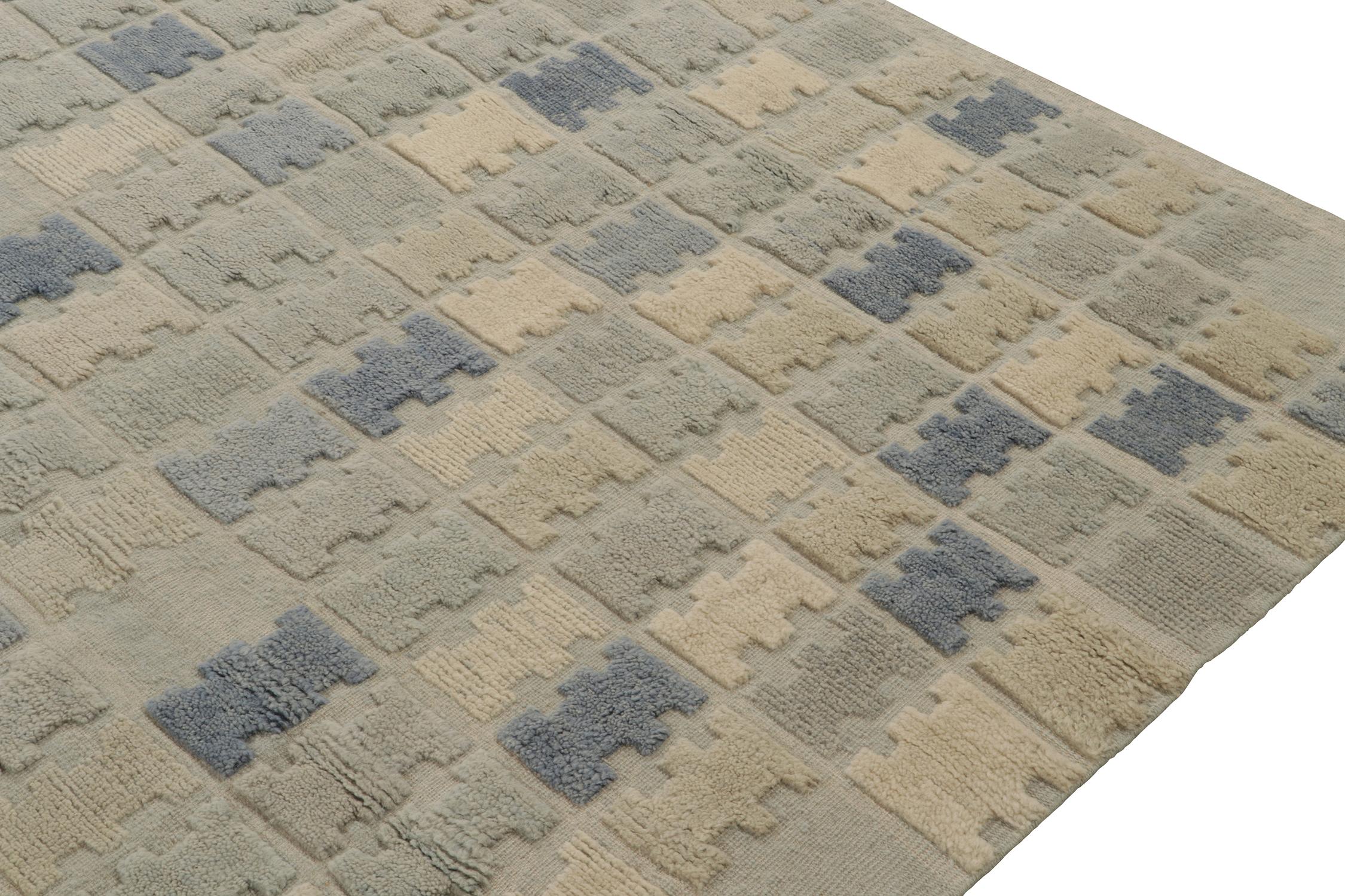 Teppich & Kilims Skandinavischer Stil, maßgefertigter Teppich in Blau und Grau mit geometrischem Muster (Handgeknüpft) im Angebot