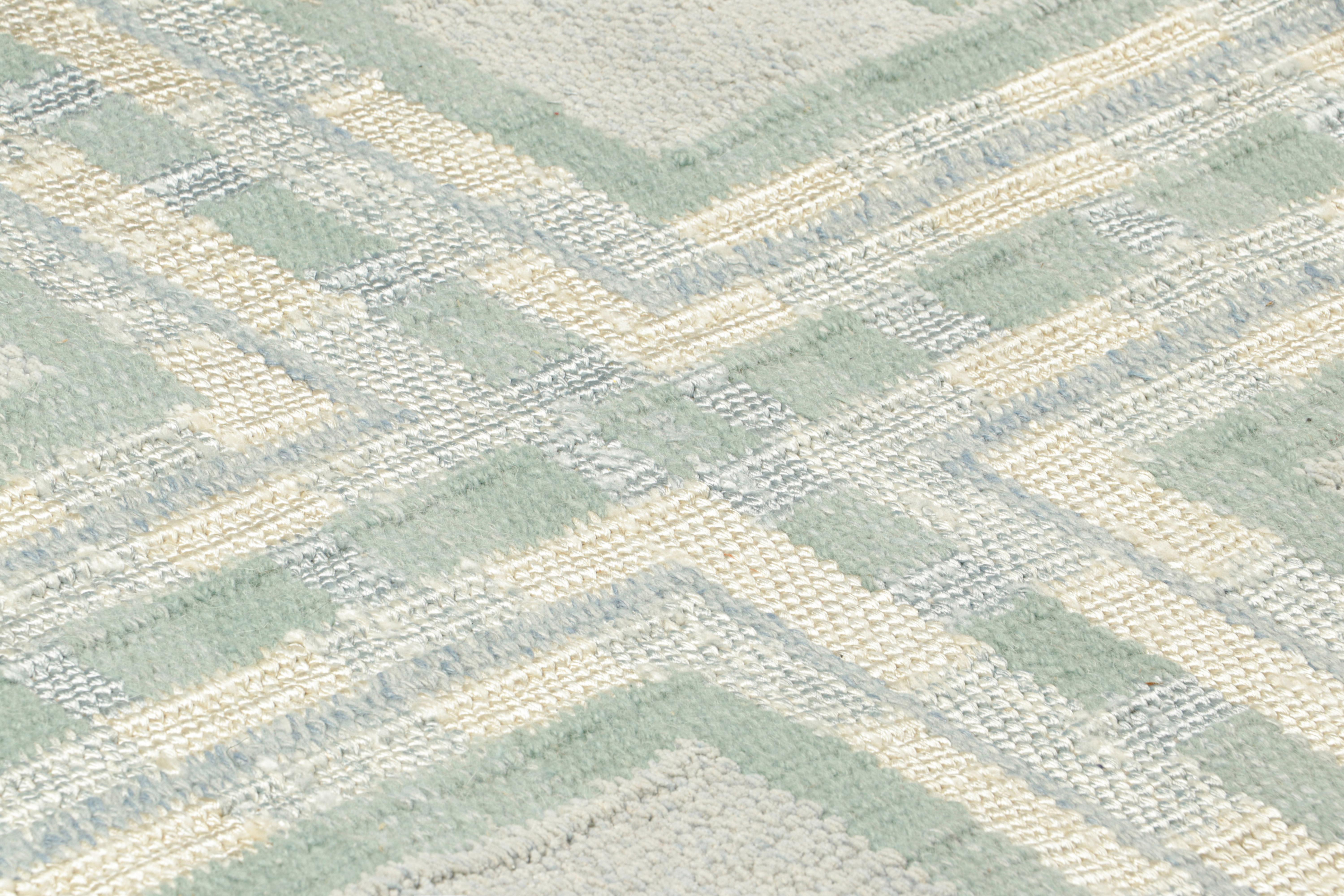 This Swedish style 3x4 kilim rug, handwoven in wool and silk, joins the new “Watson yarn” line of Rug & Kilim’s award-winning Scandinavian Collection.

On the Design: 

These photos represent a 3x4 new flat weave that reinvents vintage Scandinavian