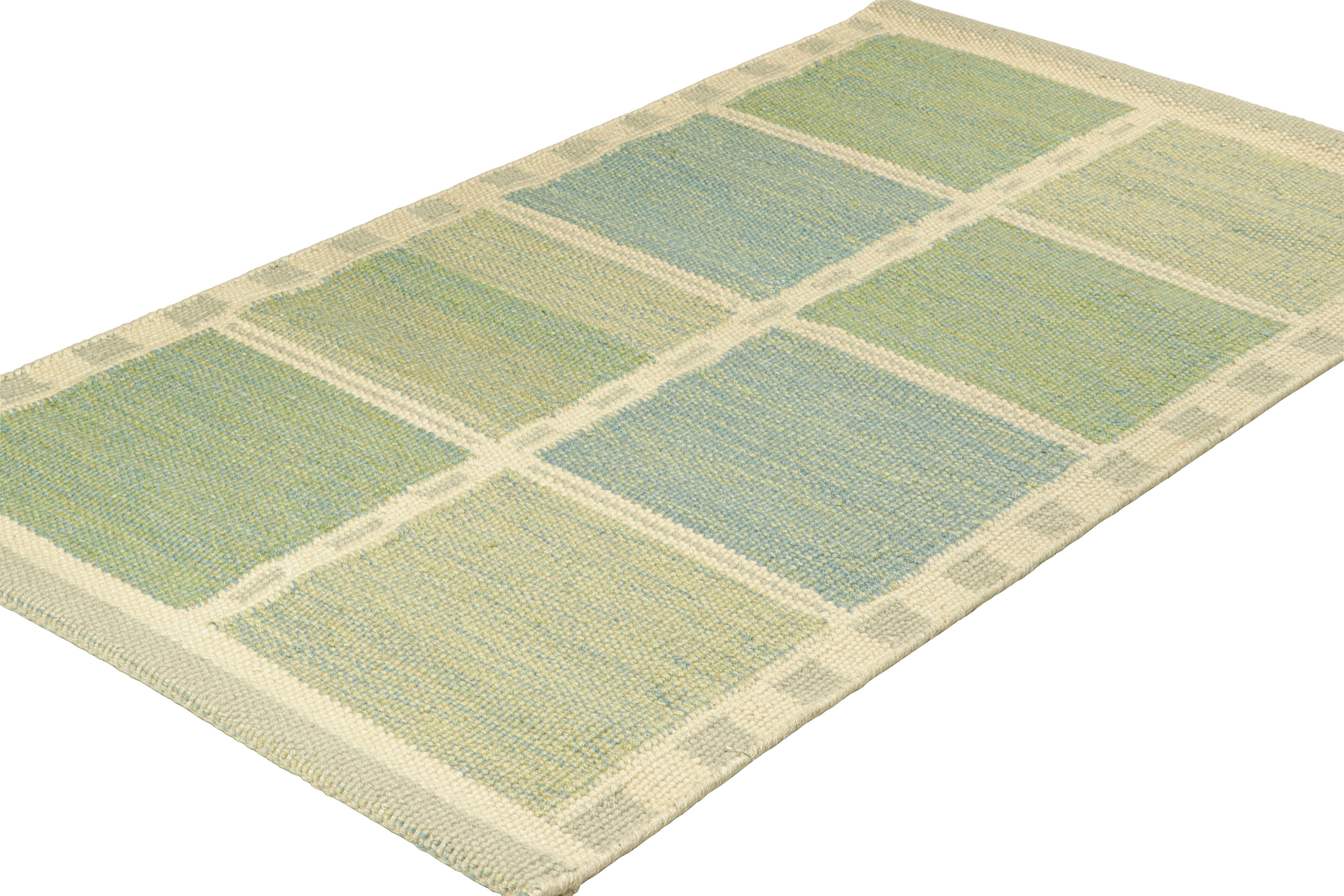 Modern Rug & Kilim’s Scandinavian Style Custom Rug in Blue with Geometric Patterns For Sale