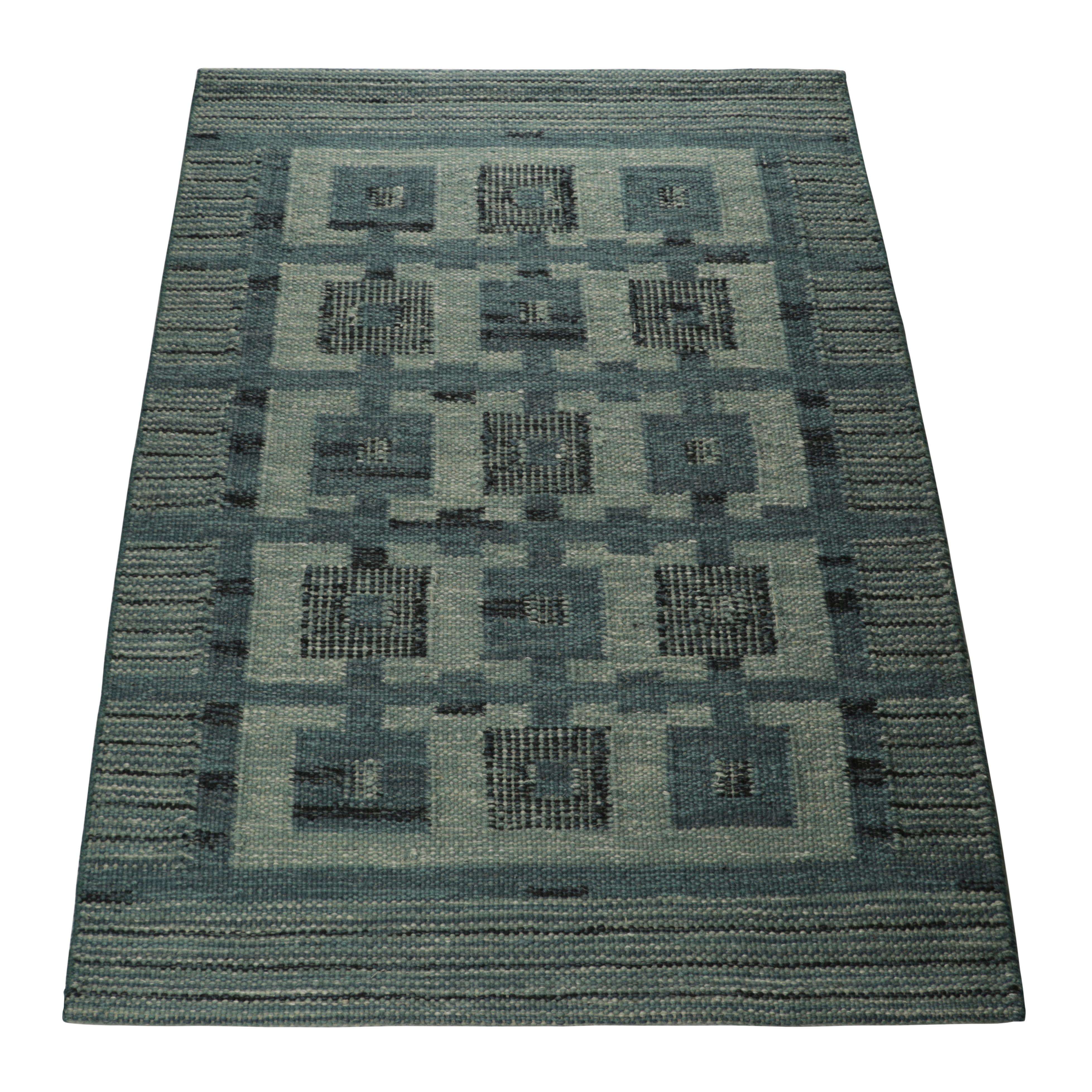 Indian Rug & Kilim’s Scandinavian Style Custom Rug in Blue, with Geometric Patterns For Sale