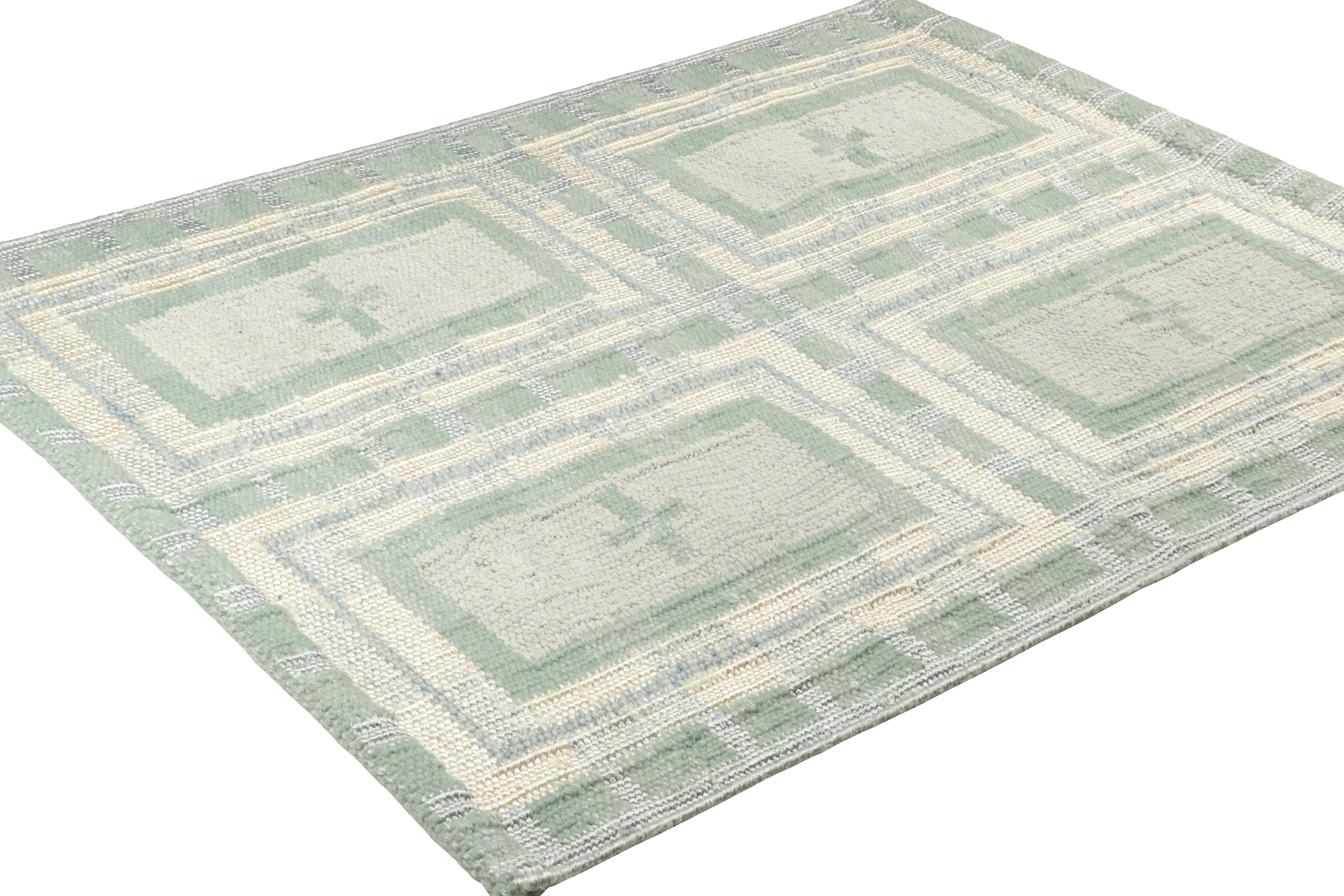 Indian Rug & Kilim’s Scandinavian Style Custom Rug in Blue with Geometric Patterns For Sale