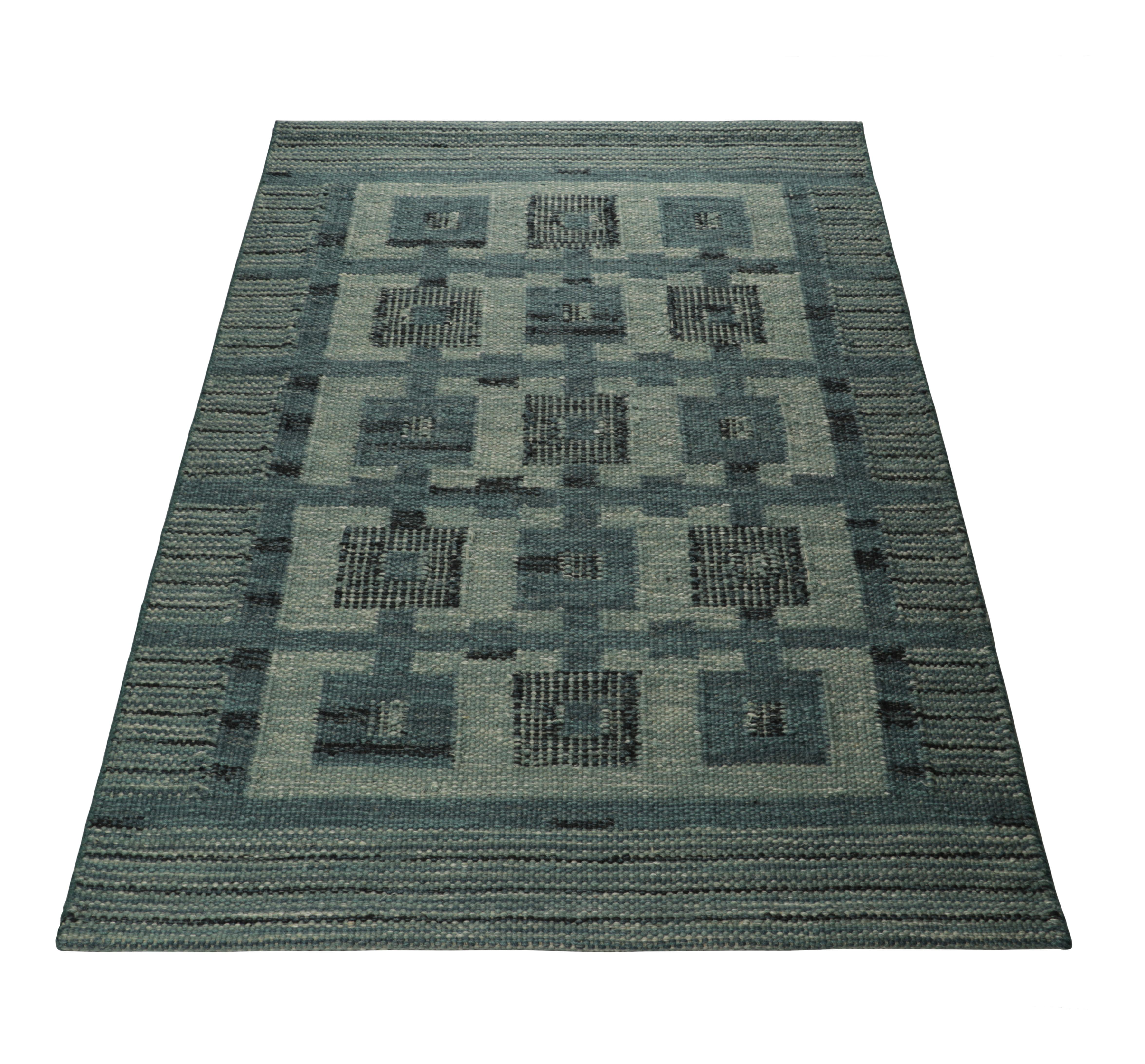 Hand-Woven Rug & Kilim’s Scandinavian Style Custom Rug in Blue, with Geometric Patterns For Sale