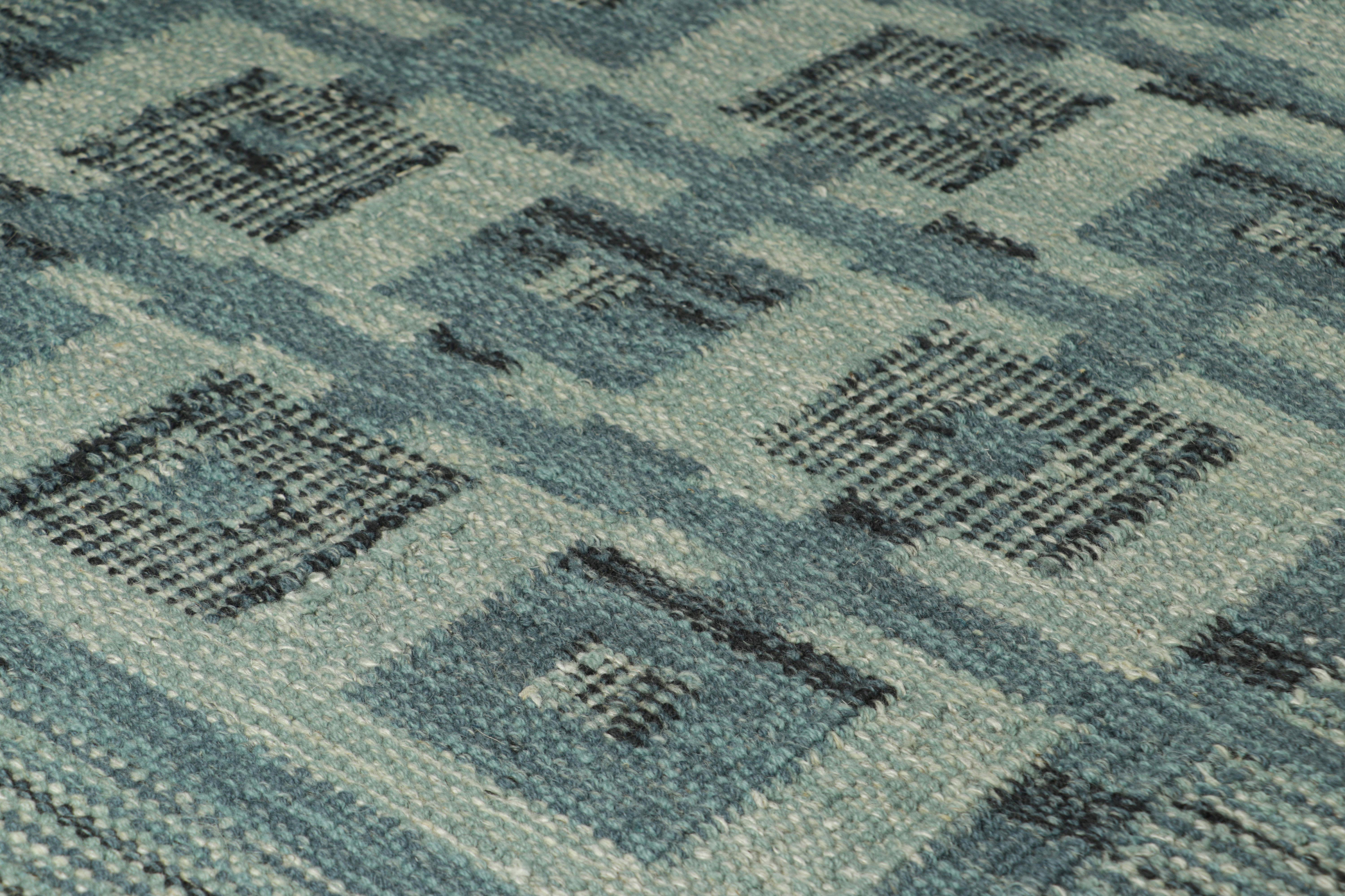 Dieser 3x5 große Akzentteppich im schwedischen Stil gehört zu einer aufregenden neuen Kollektion von Rug & Kilim in Geschenkgröße und ist eine kühne Ergänzung der Scandinavian Collection'S. Das handgewebte Flachgewebe aus Wolle mit ungefärbten