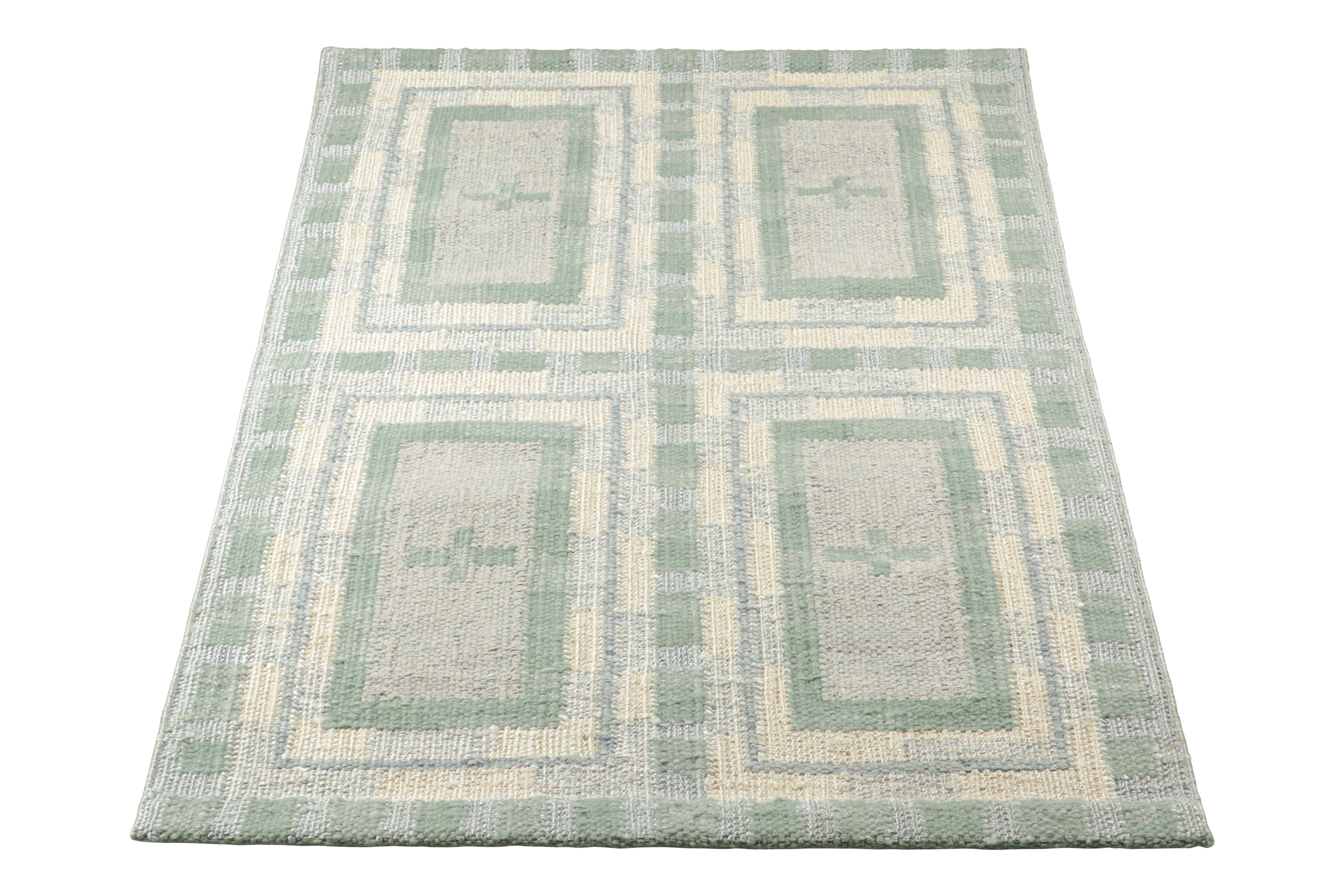 Hand-Woven Rug & Kilim’s Scandinavian Style Custom Rug in Blue with Geometric Patterns For Sale