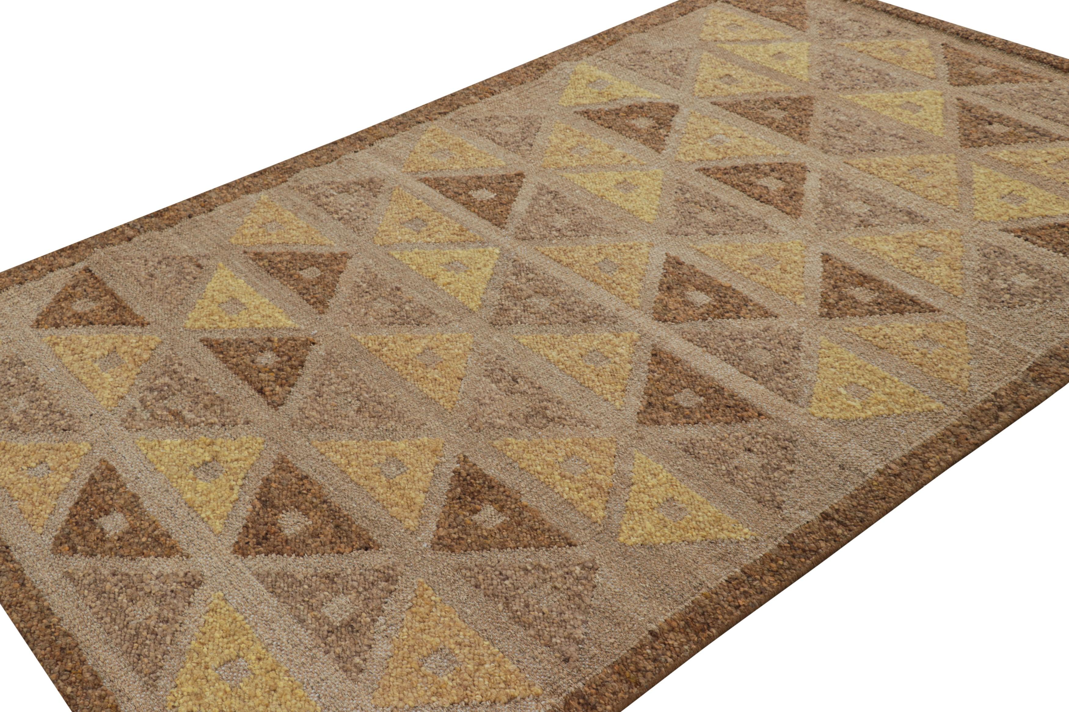 Indian Rug & Kilim’s Scandinavian Style Custom Rug in Brown and Gold Geometric Patterns For Sale