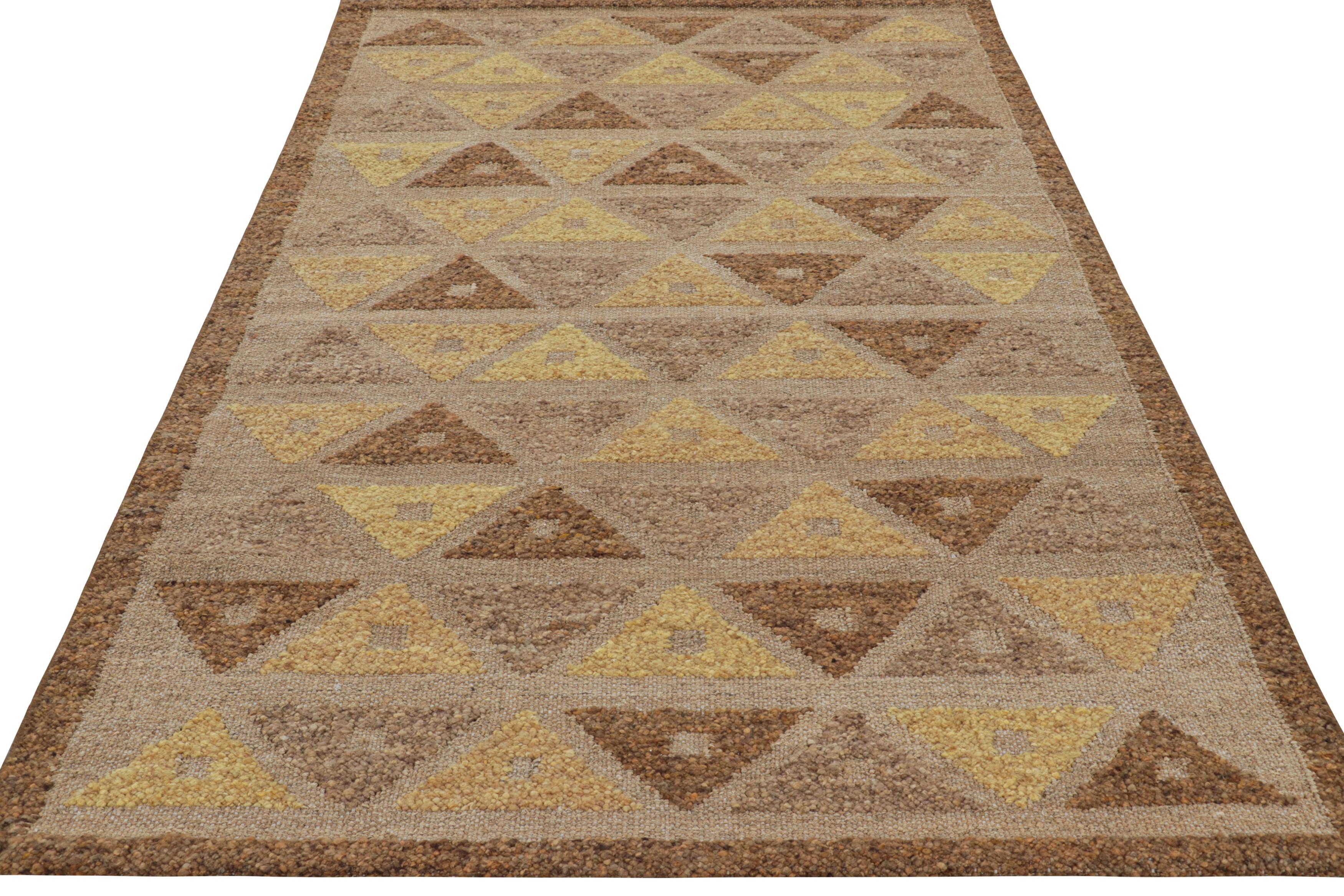 Hand-Woven Rug & Kilim’s Scandinavian Style Custom Rug in Brown and Gold Geometric Patterns For Sale