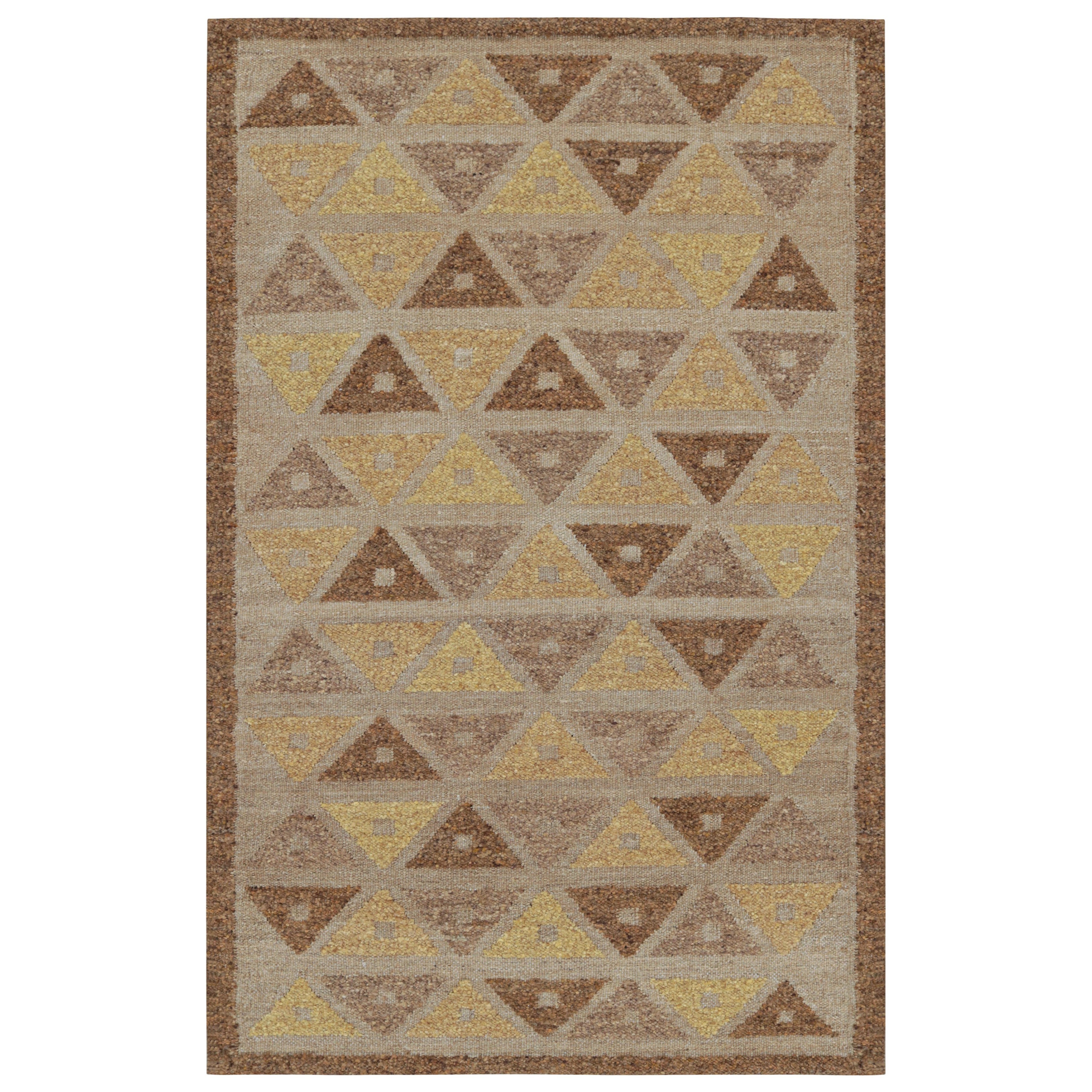 Rug & Kilim’s Scandinavian Style Custom Rug in Brown and Gold Geometric Patterns For Sale
