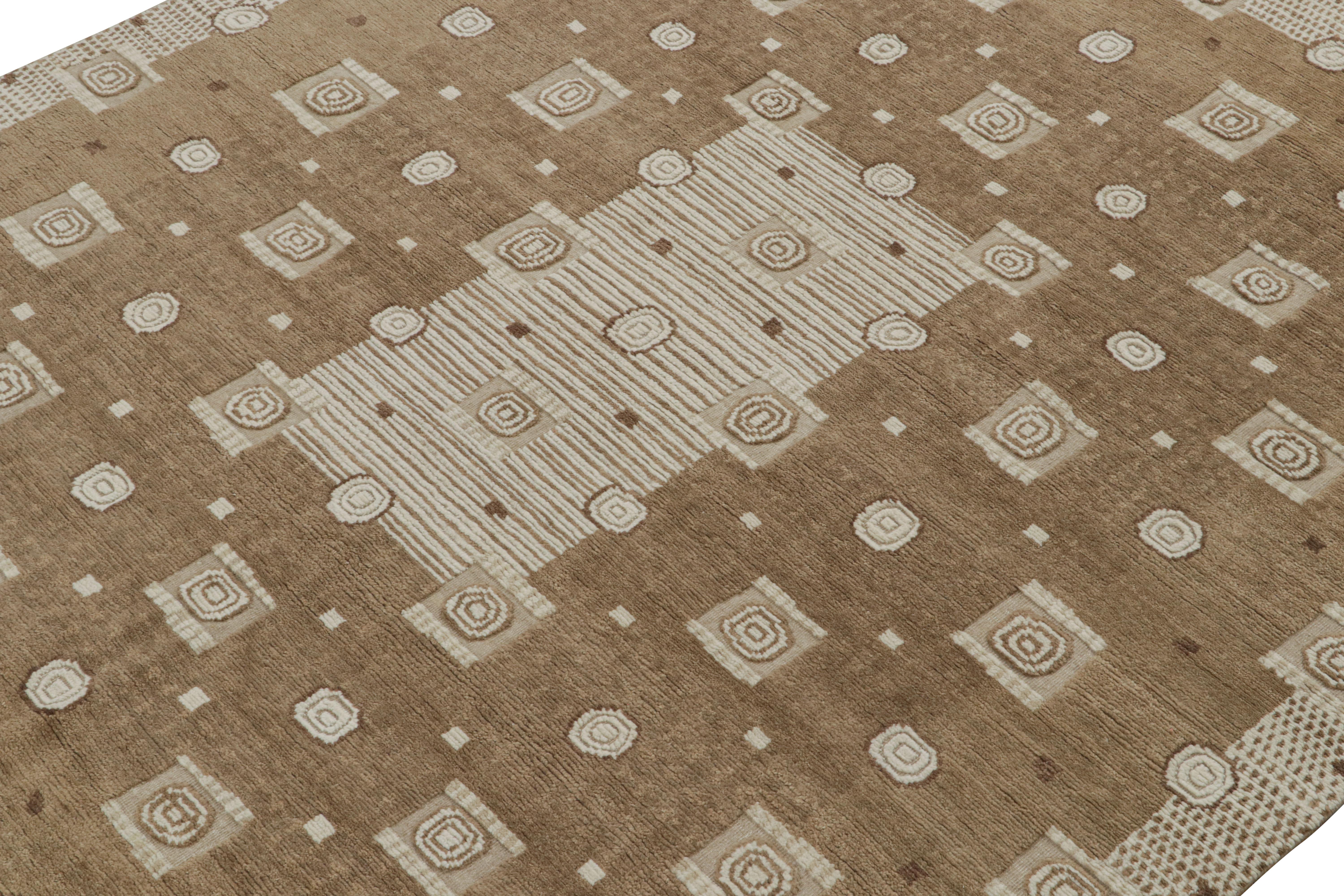 Indian Rug & Kilim’s Scandinavian Style Custom rug in Brown & White Geometric Patterns For Sale