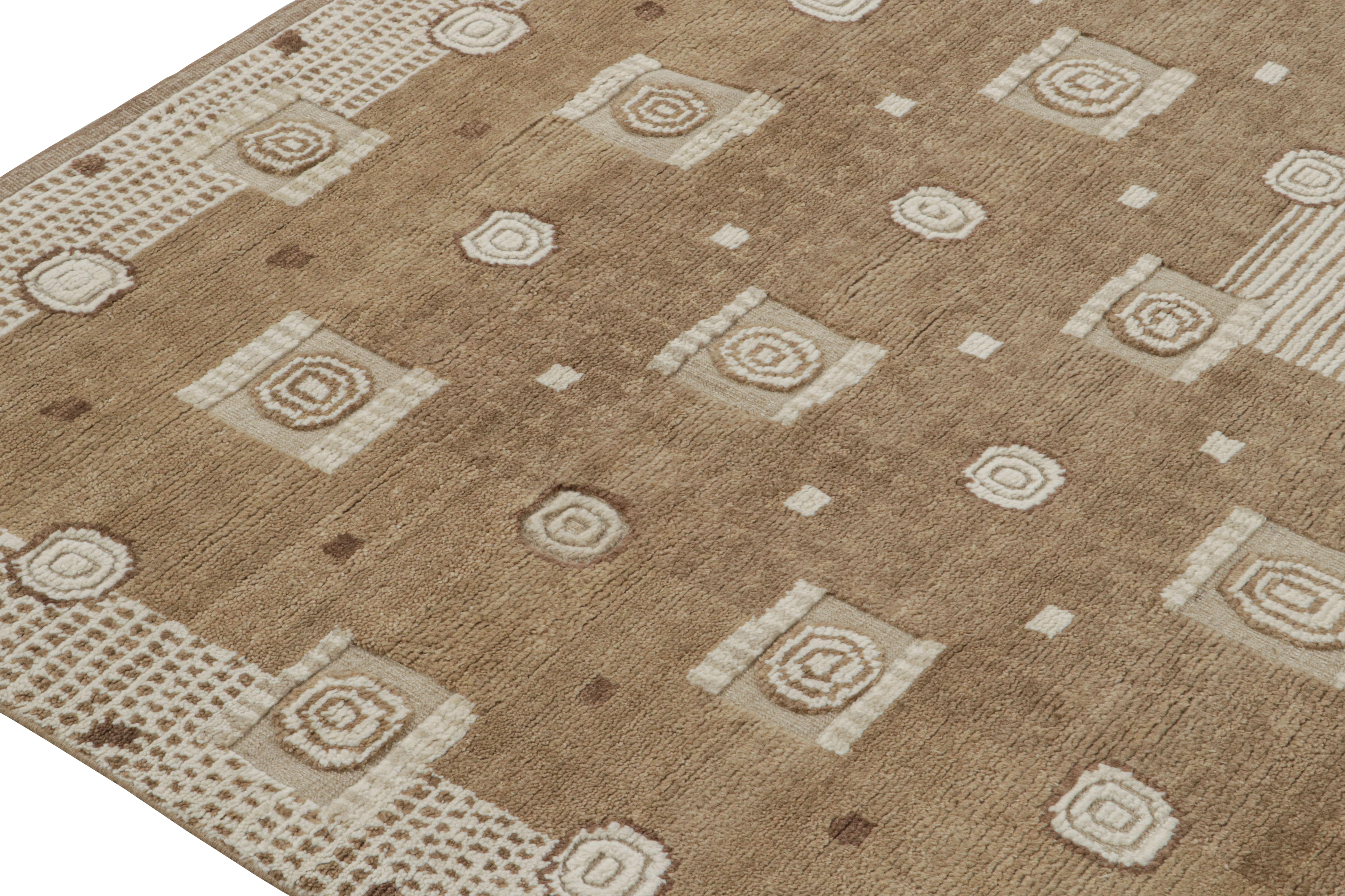 Hand-Knotted Rug & Kilim’s Scandinavian Style Custom rug in Brown & White Geometric Patterns For Sale
