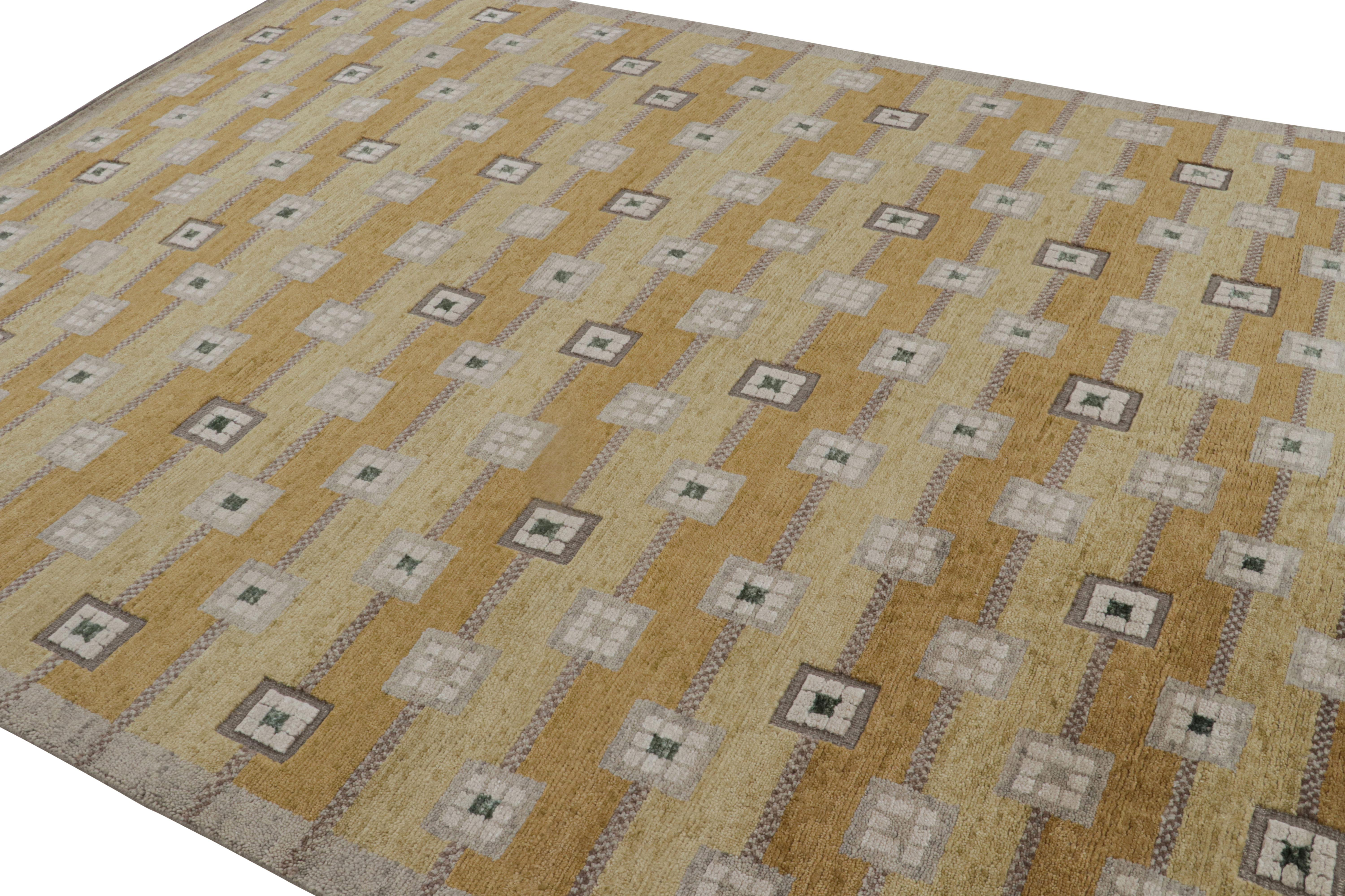 Hand-knotted in wool, this 8x10 rug is from the “High” line of our pile rugs in Scandinavian collection.

On the design: 
The photos represent a recently sold rug with gold, beige-brown and green geometric patterns married to the high-low texture