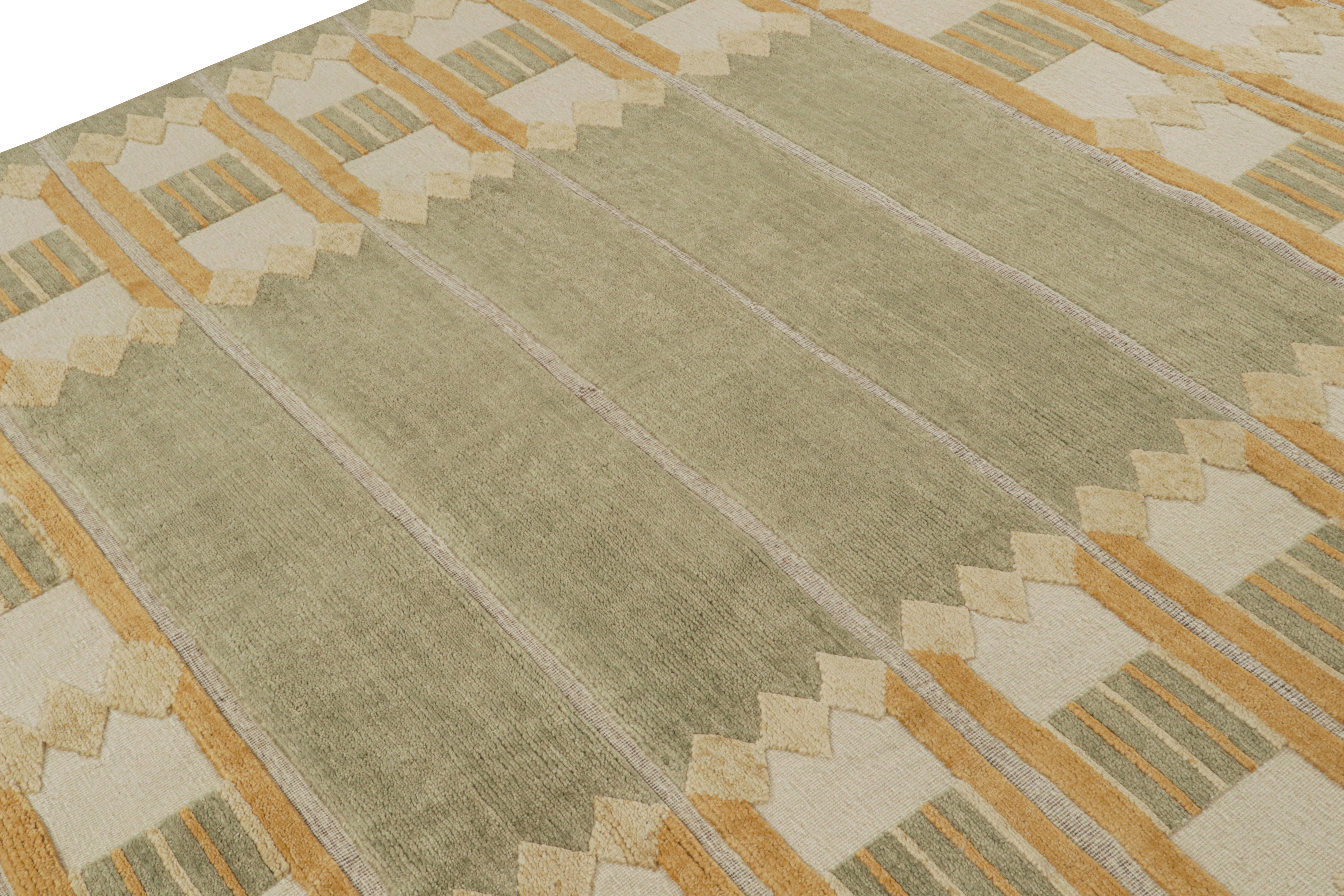Indian Rug & Kilim’s Scandinavian Style Custom Rug in Gold, Green & White Patterns For Sale