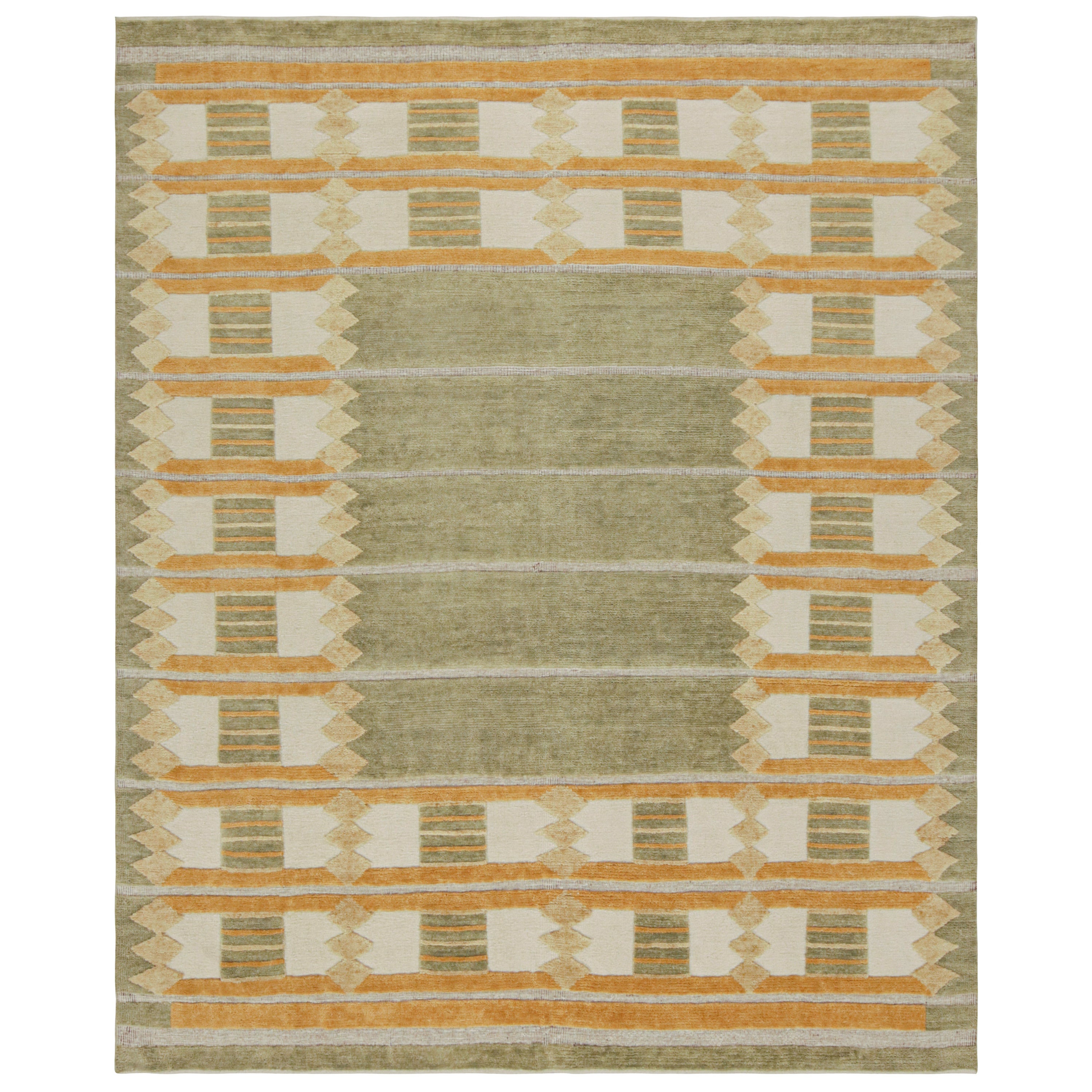 Rug & Kilim’s Scandinavian Style Custom Rug in Gold, Green & White Patterns For Sale