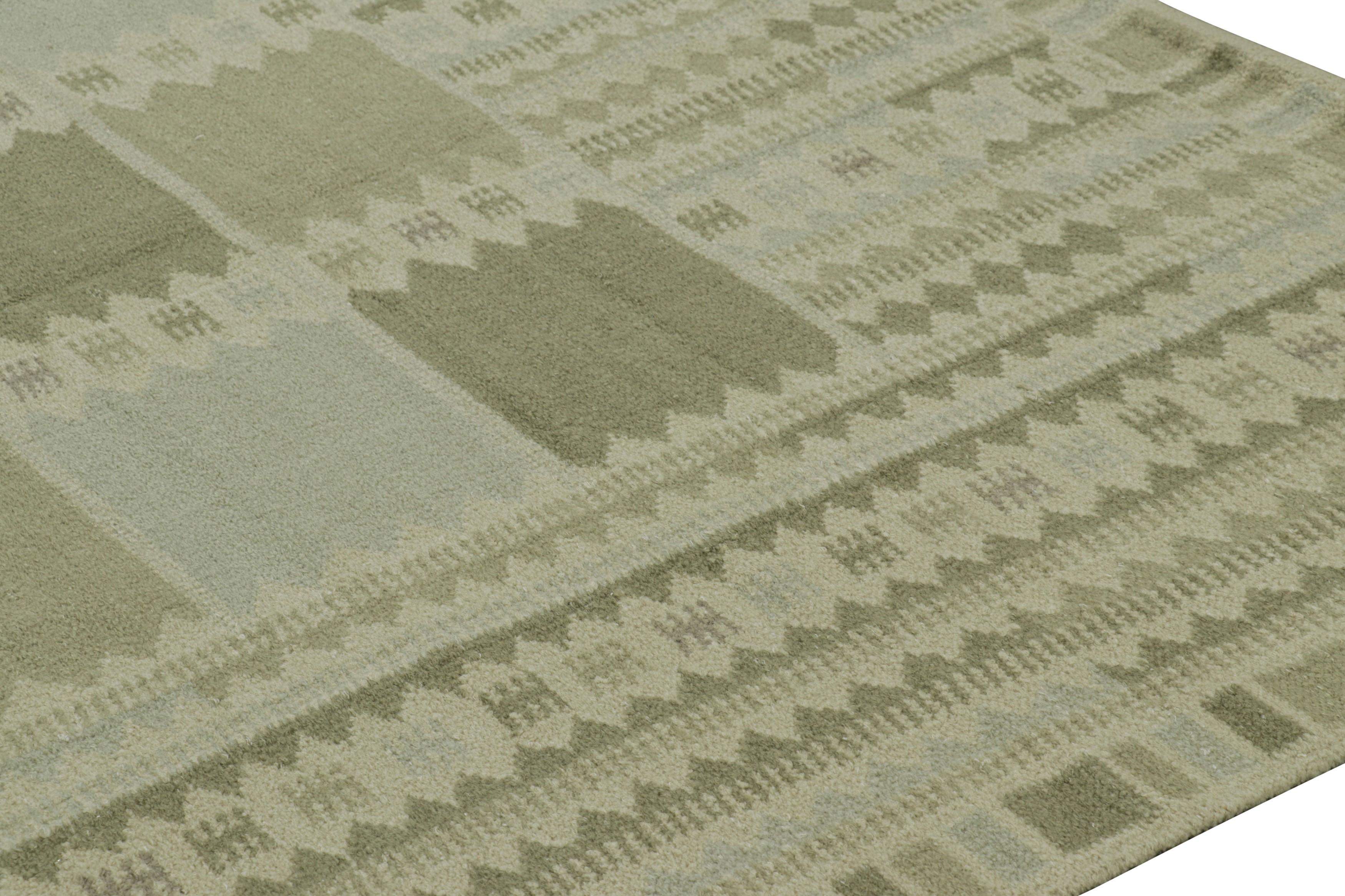 Modern Rug & Kilim’s Scandinavian Style Custom Rug in Green with Geometric Patterns For Sale