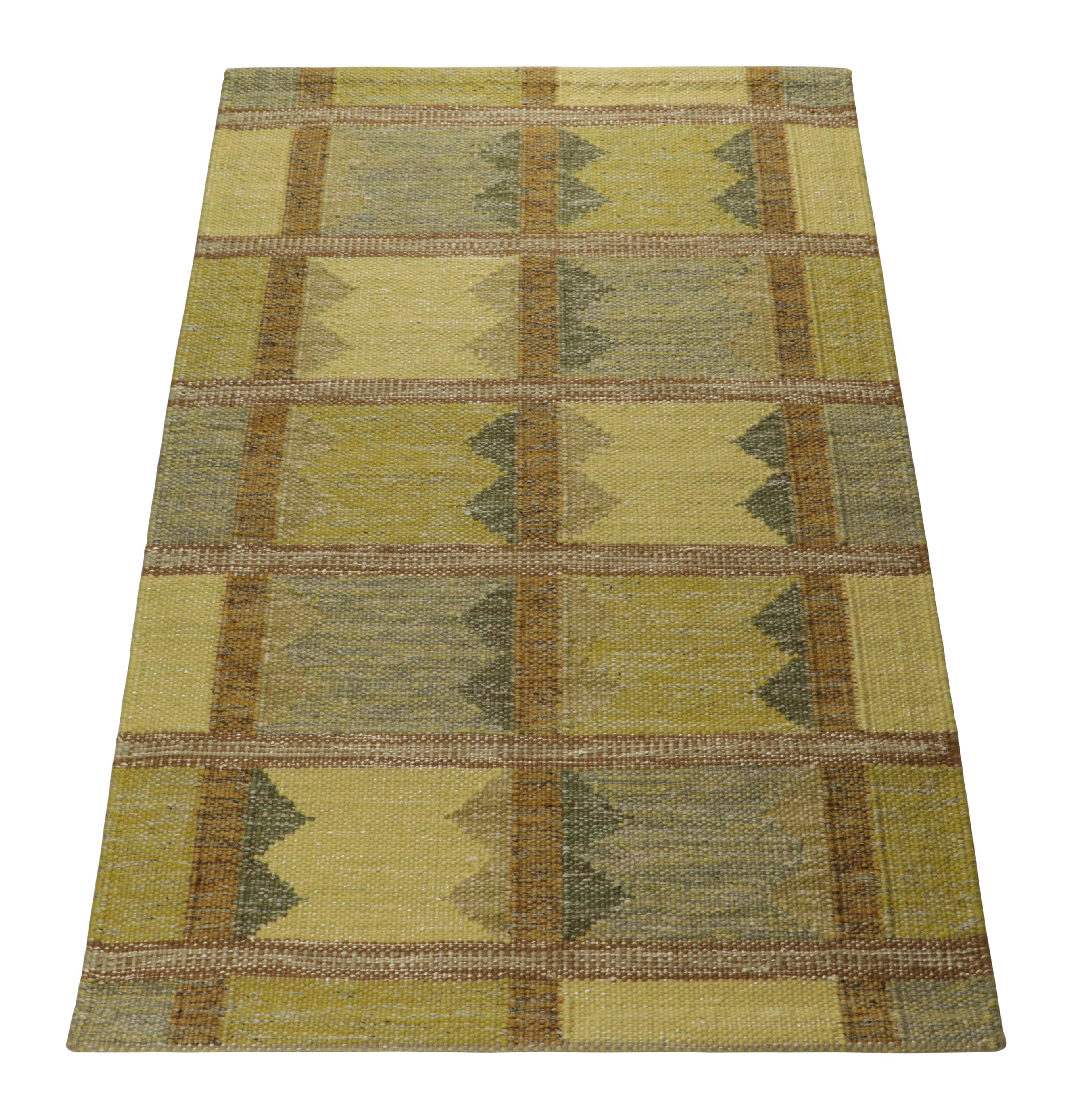 Indian Rug & Kilim’s Scandinavian Style Custom Rug in Green, with Geometric Patterns For Sale