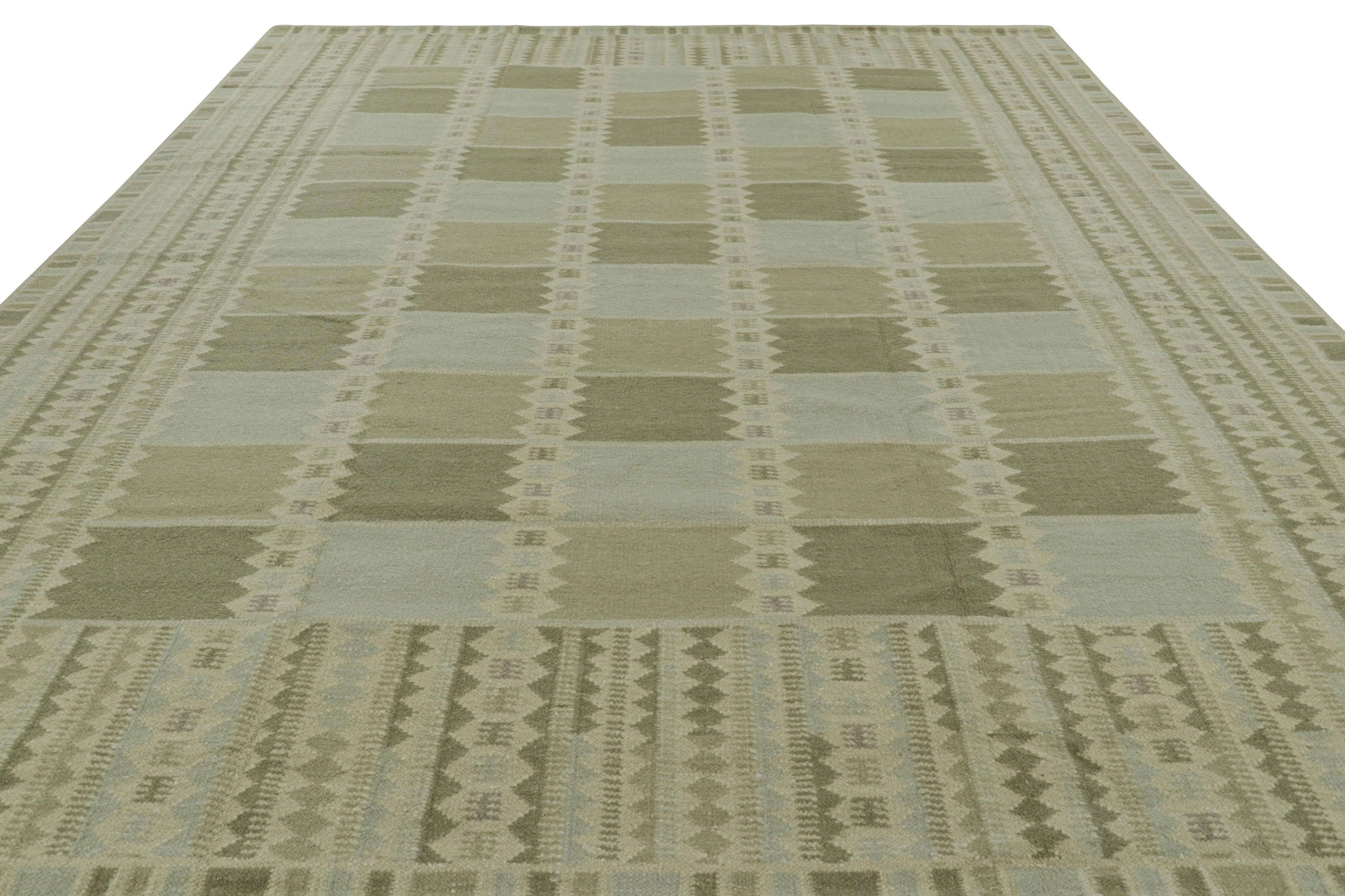 Indian Rug & Kilim’s Scandinavian Style Custom Rug in Green with Geometric Patterns For Sale