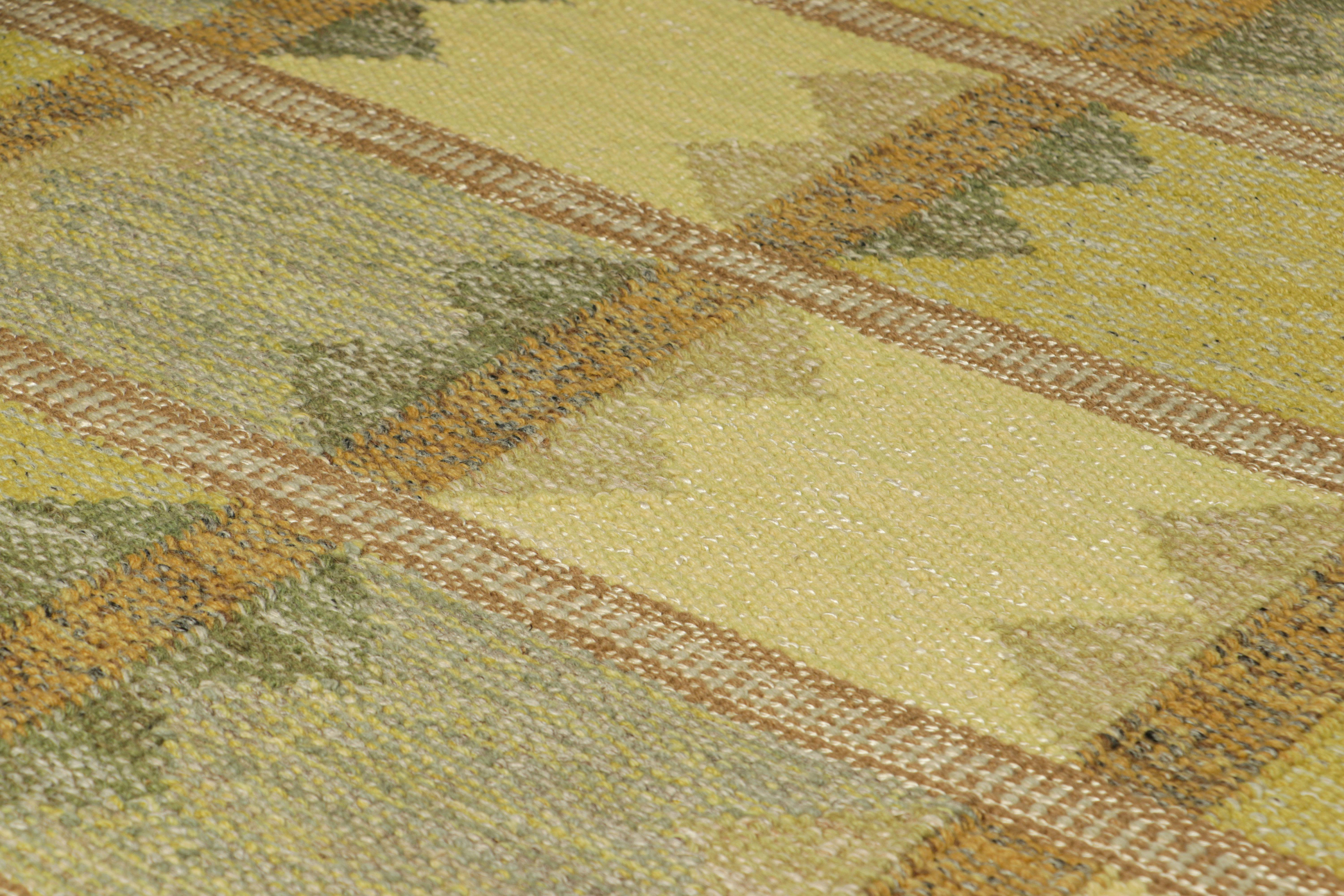 Dieser 3x5 große Akzentteppich im schwedischen Stil gehört zu einer aufregenden neuen Kollektion von Rug & Kilim in Geschenkgröße und ist eine kühne Ergänzung der Scandinavian Collection'S. Das handgewebte Flachgewebe aus Wolle mit ungefärbten