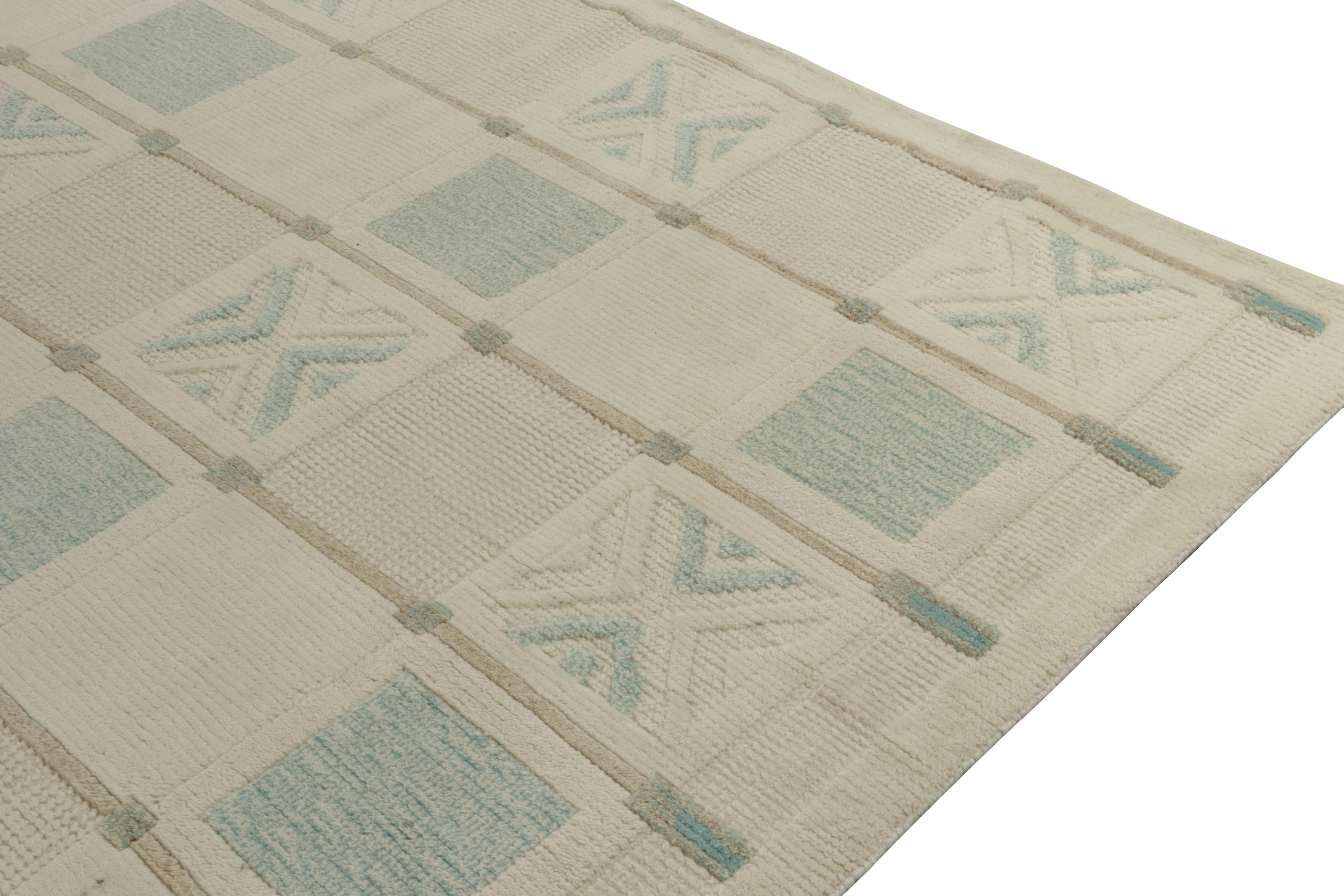 Hand-Knotted Rug & Kilim’s Scandinavian Style Custom Rug in off White & Blue Square Patterns For Sale