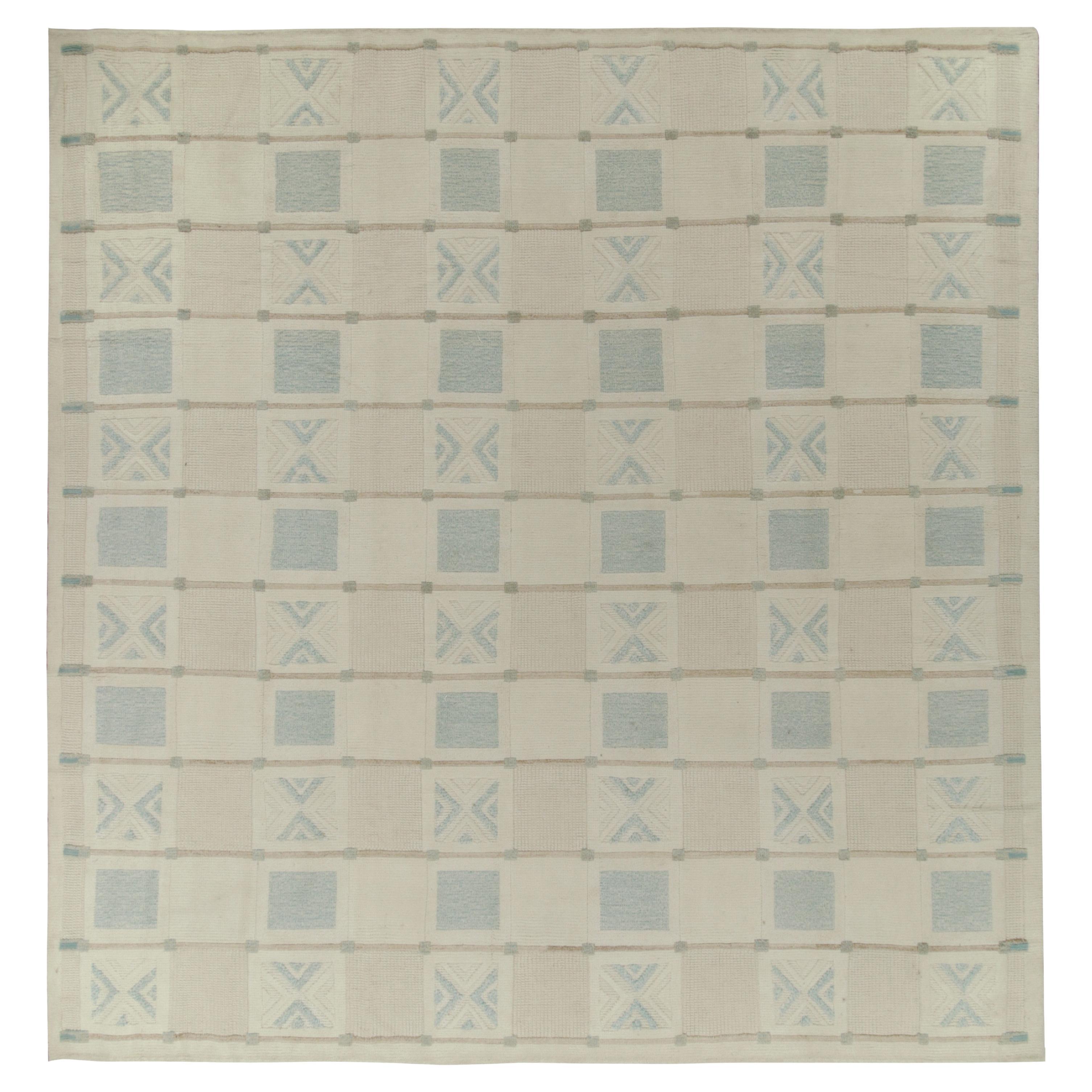 Rug & Kilim’s Scandinavian Style Custom Rug in off White & Blue Square Patterns For Sale