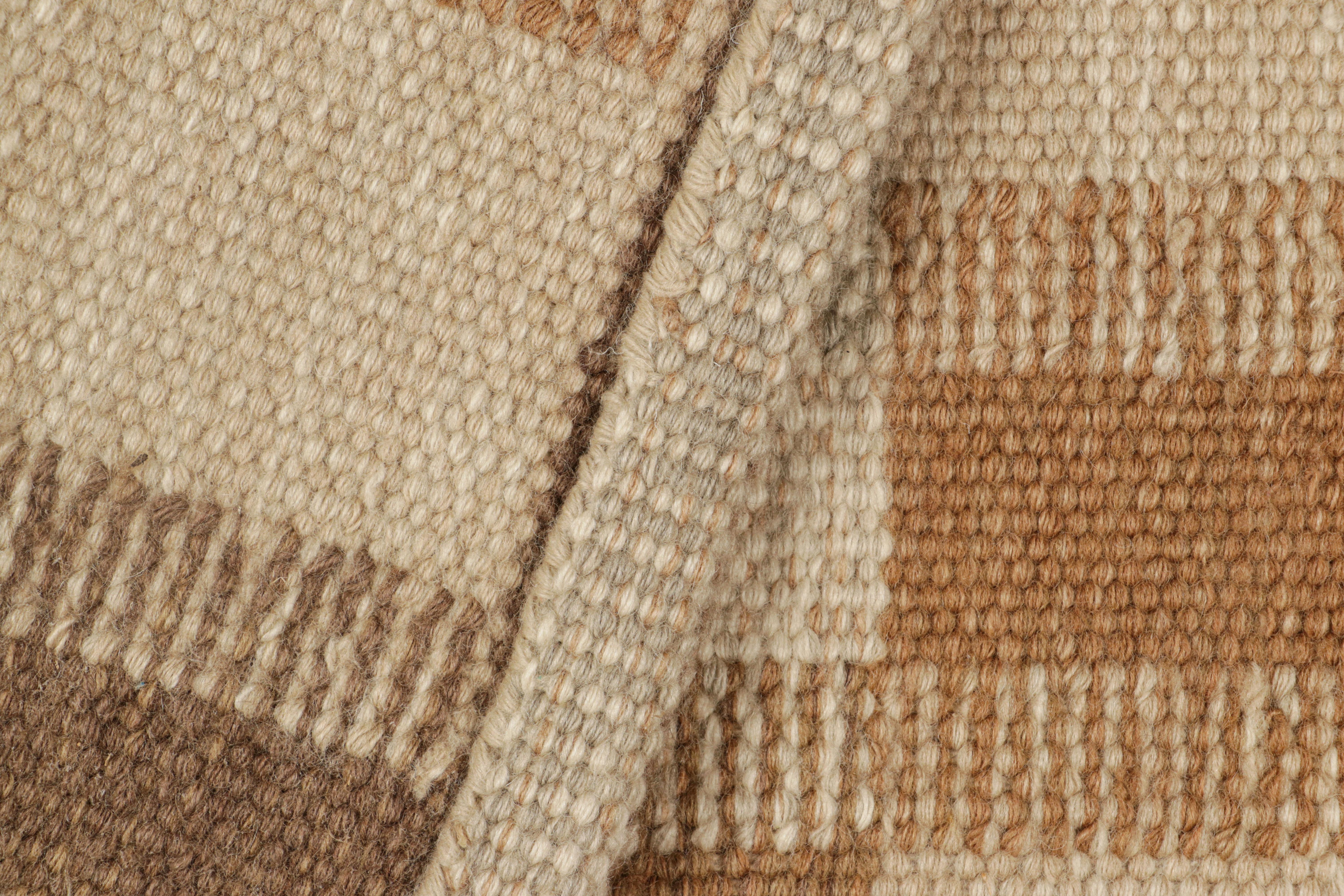 Indian Rug & Kilim’s Scandinavian Style Custom Rug Sample, Brown and Cream Geometric For Sale
