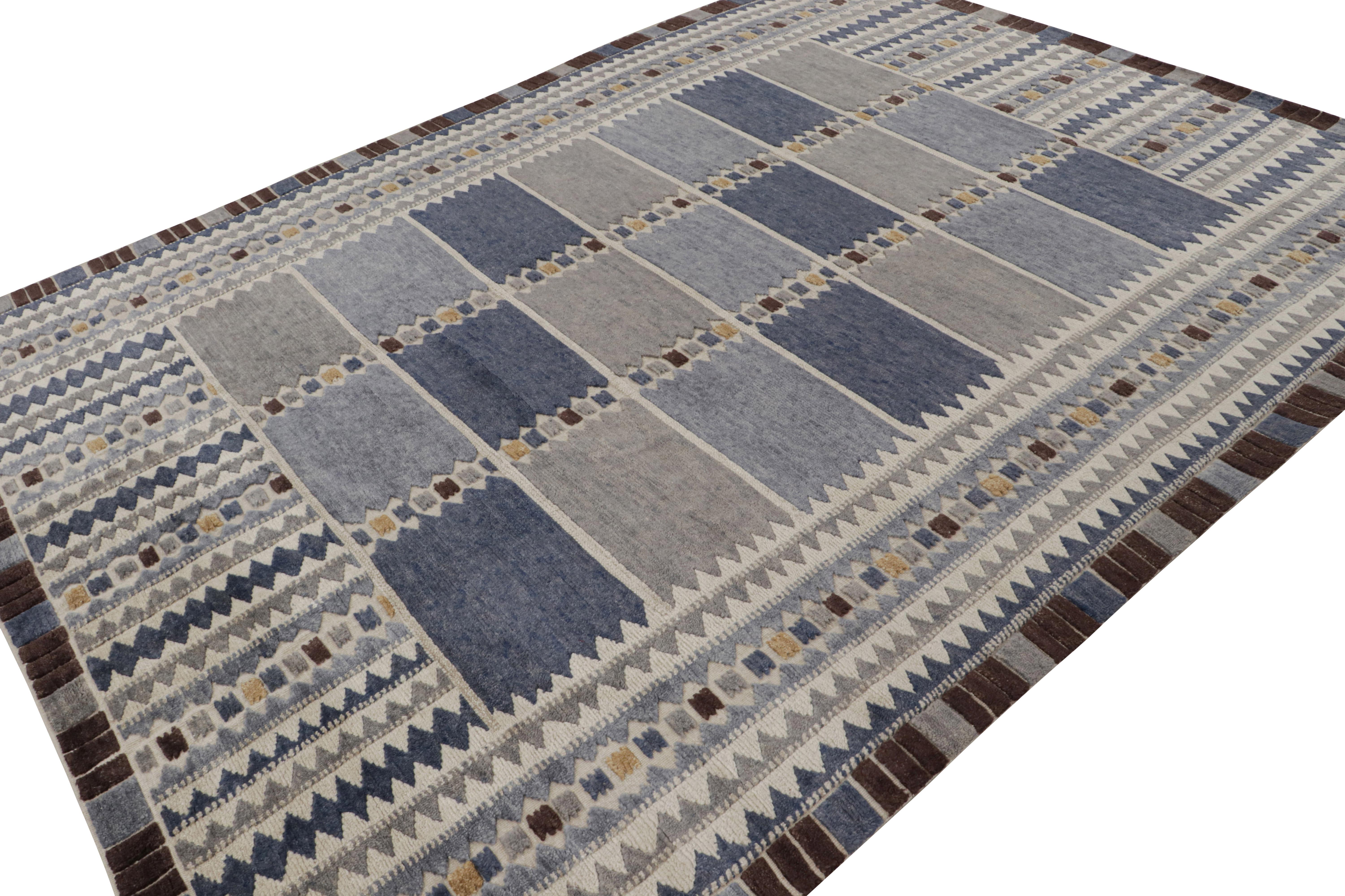 Hand-knotted in wool and undyed natural yarns, this custom rug design represents the Scandinavian Collection by Rug & Kilim—a modern take on the Swedish Deco style of Rollakan and Rya rugs. 

On the Design:

These photos represent a 9x12 rug with
