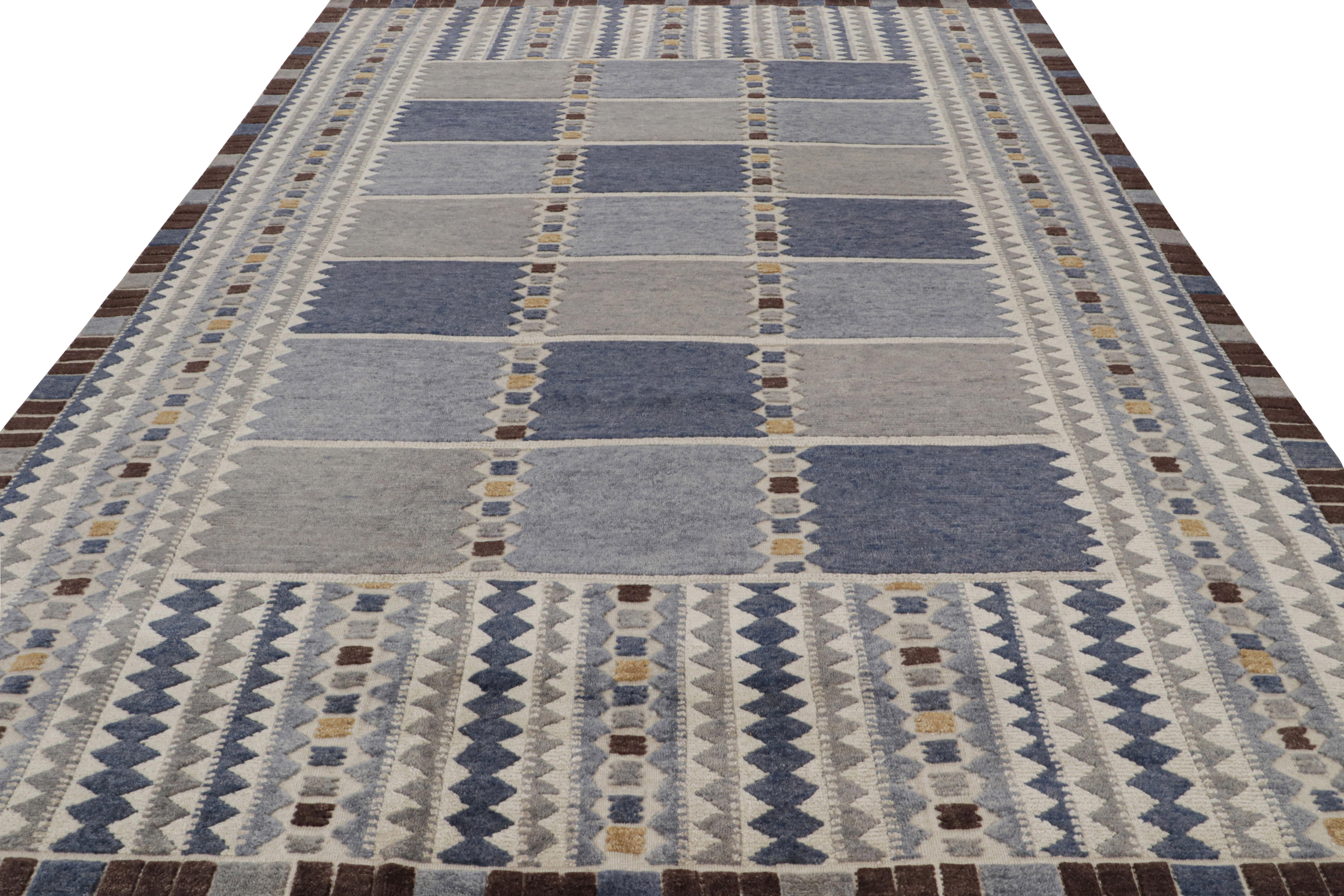 Modern Rug & Kilim’s Scandinavian Style Custom Rug with Blue-Grey Patterns For Sale