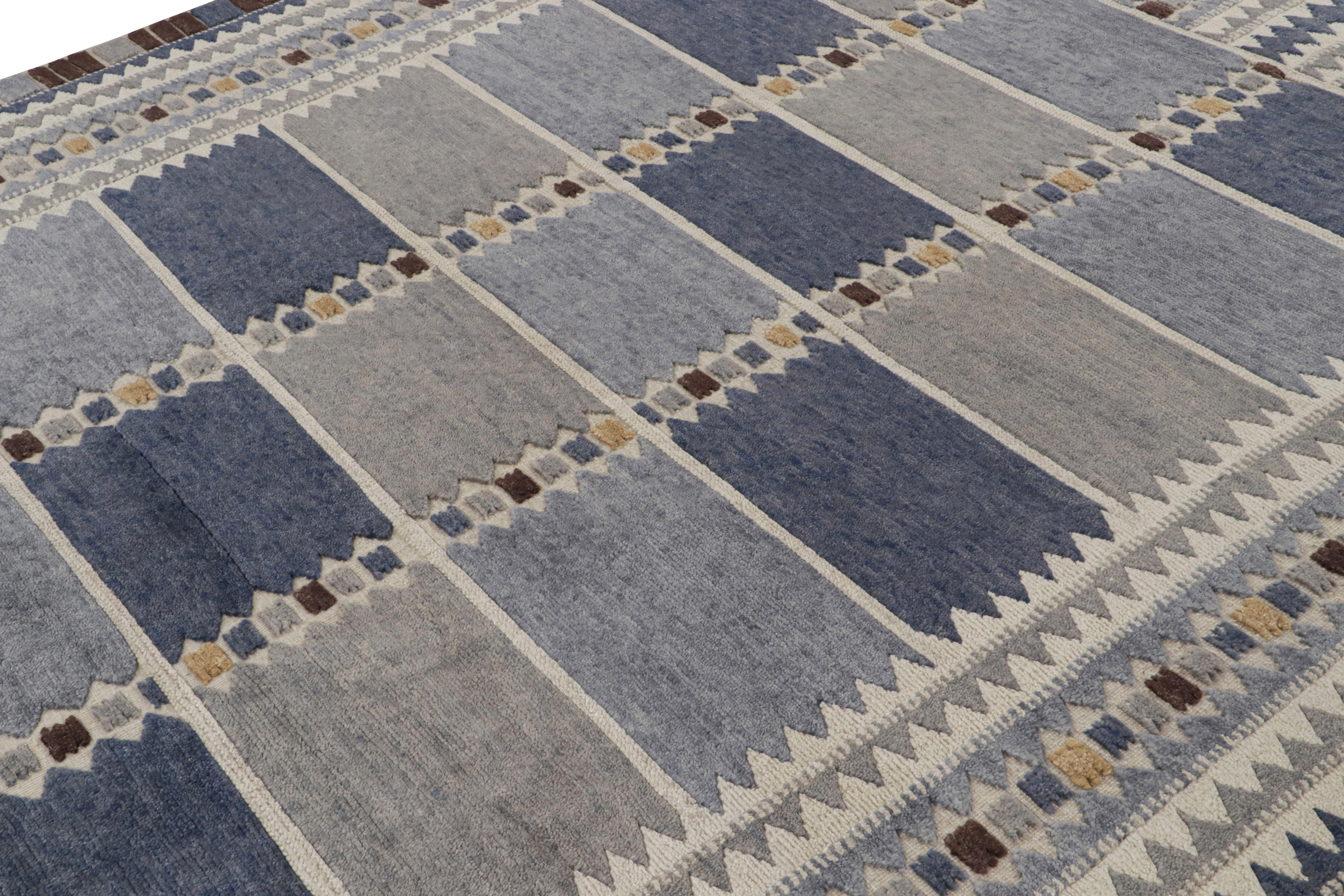Indian Rug & Kilim’s Scandinavian Style Custom Rug with Blue-Grey Patterns For Sale