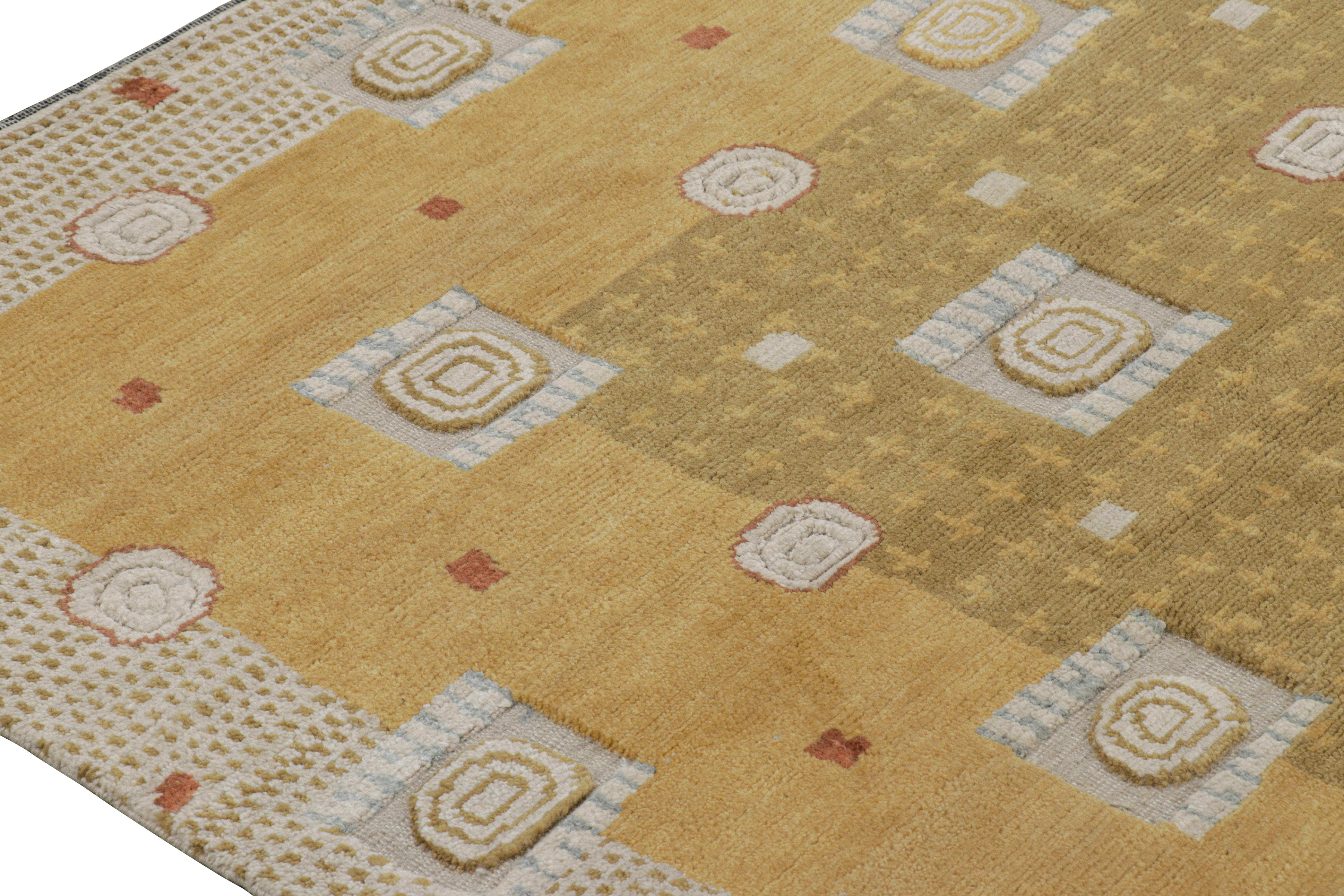 Modern Rug & Kilim’s Scandinavian Style Custom Rug with Gold & Cream Geometric Patterns For Sale