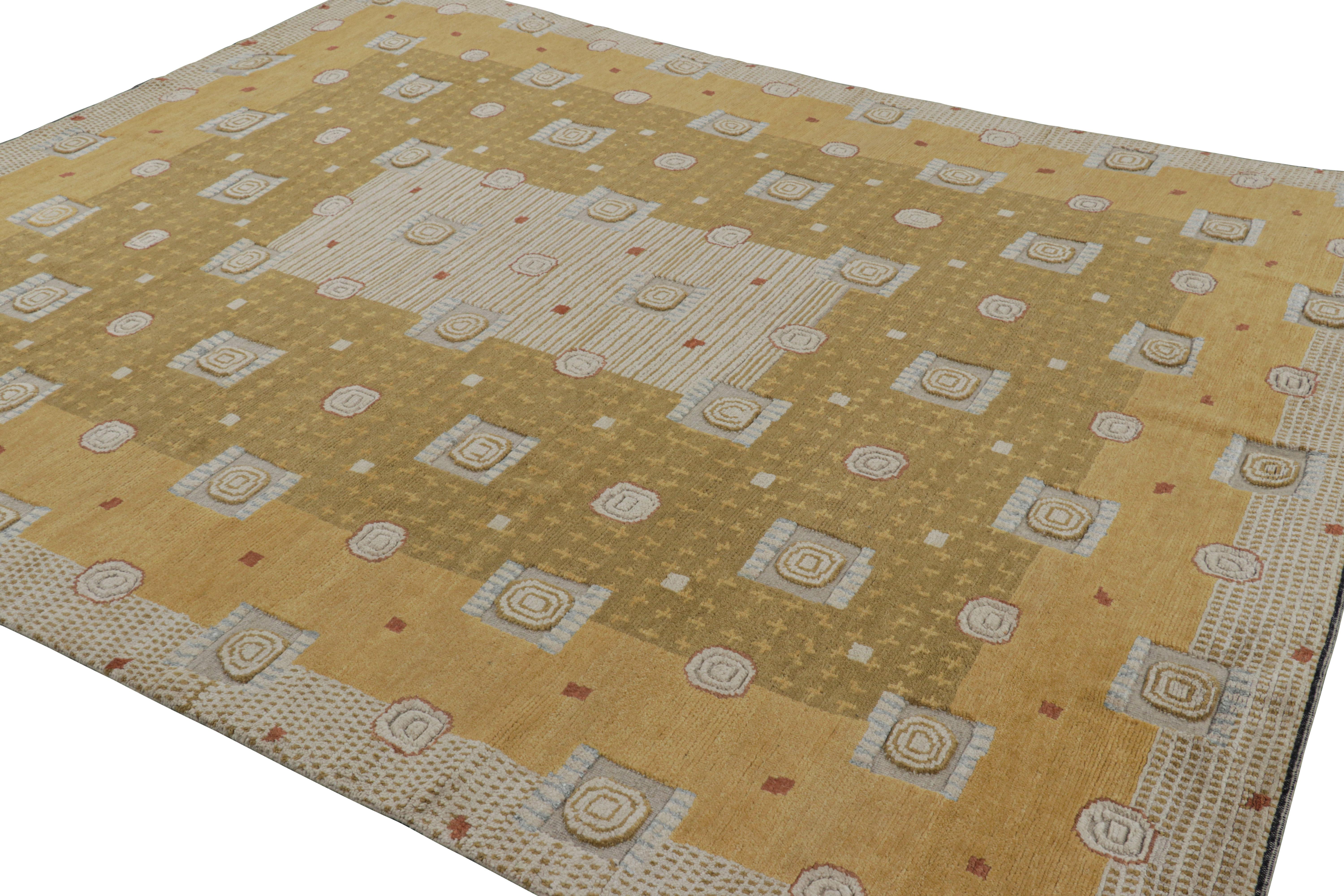 Indian Rug & Kilim’s Scandinavian Style Custom Rug with Gold & Cream Geometric Patterns For Sale