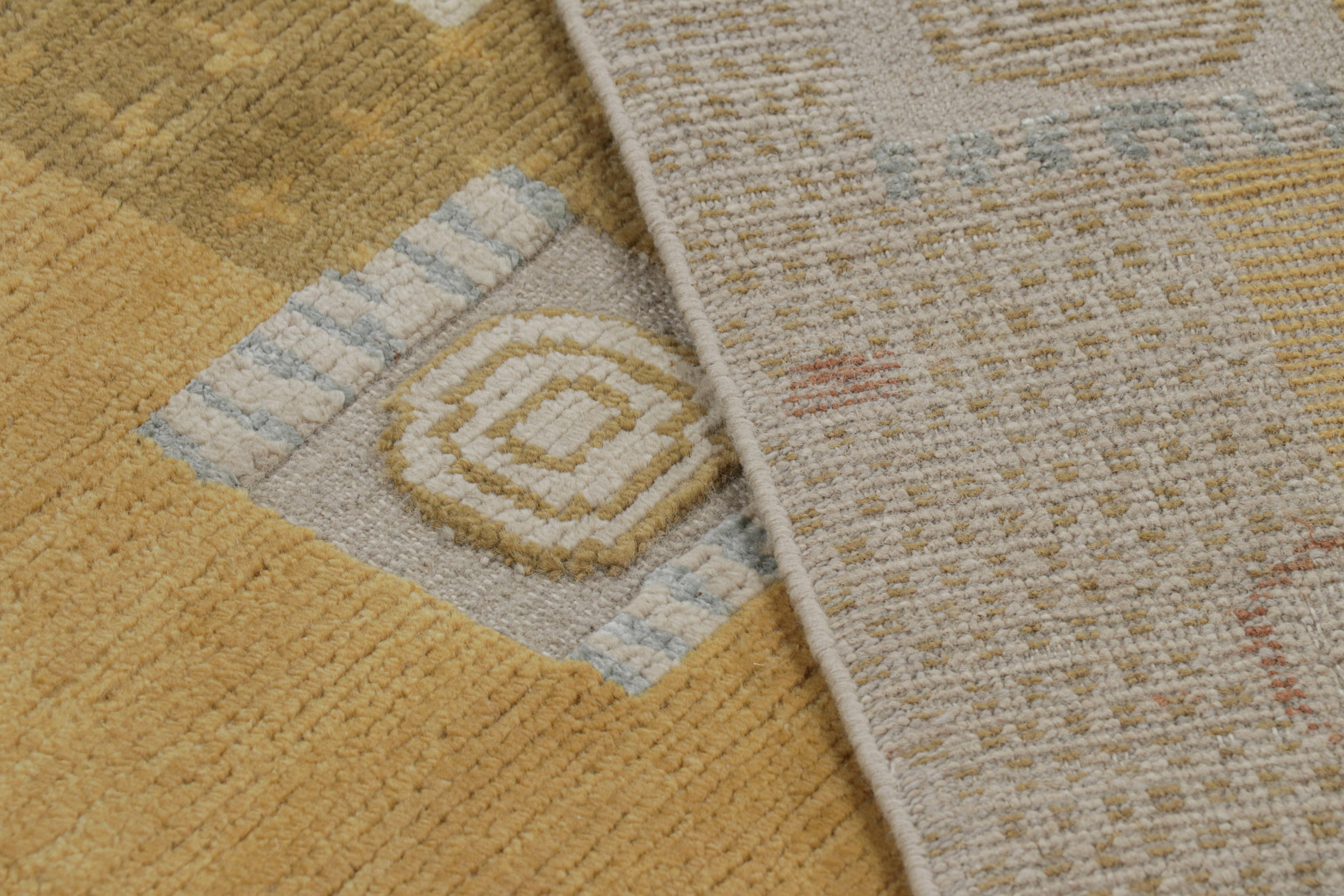 Wool Rug & Kilim’s Scandinavian Style Custom Rug with Gold & Cream Geometric Patterns For Sale