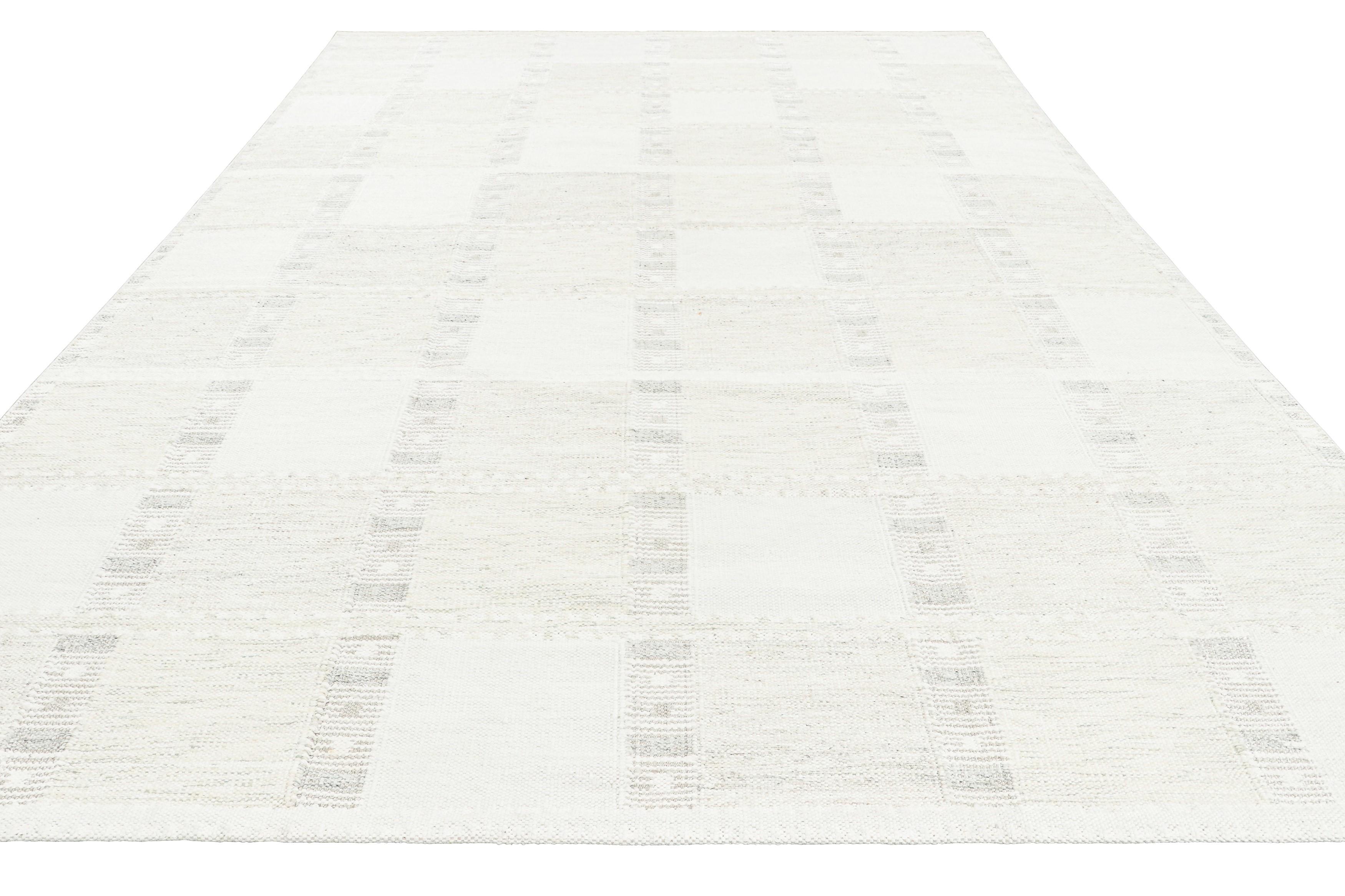 Hand-Woven Rug & Kilim’s Scandinavian Style Custom Rug with White and Geometric Patterns For Sale