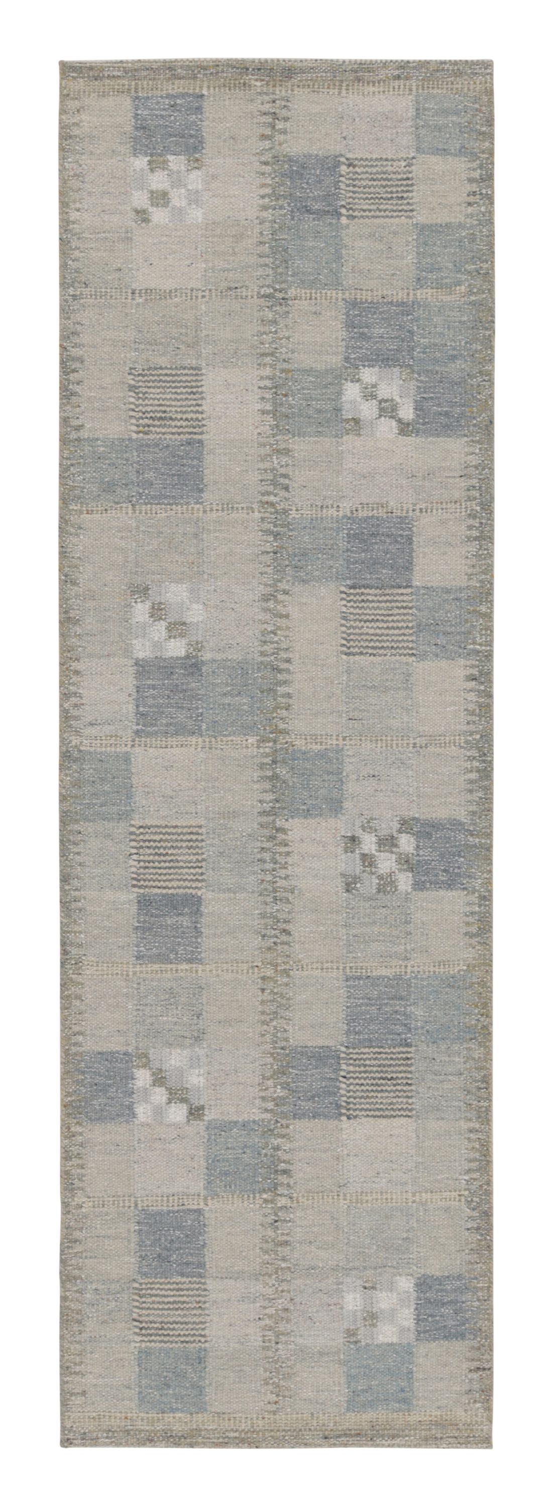 Rug & Kilim’s Scandinavian Style Custom Runner in Gray & Blue Geometric Pattern