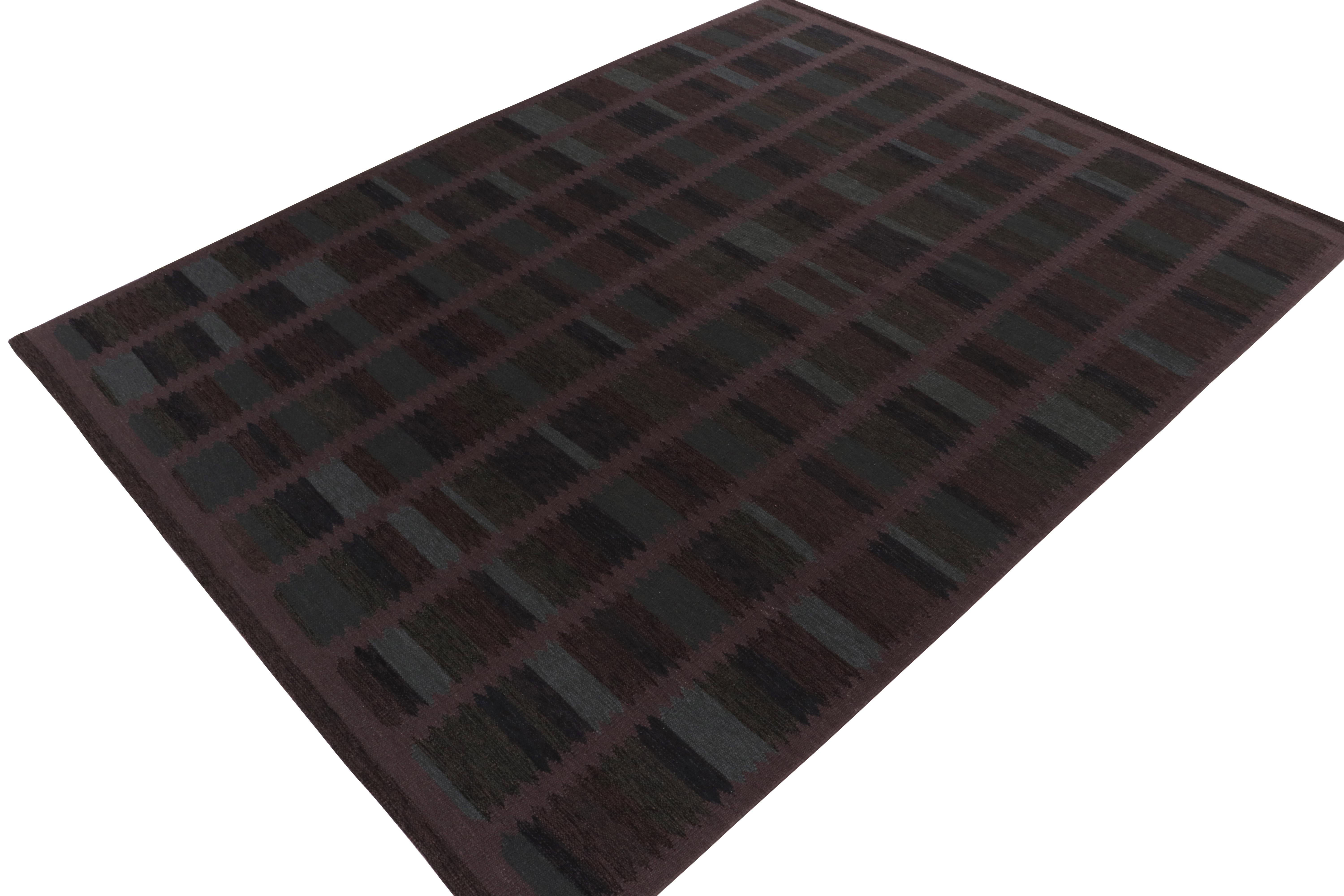 A 10x14 flat weave from Rug & Kilim’s award-winning Scandinavian Kilim collection. 

On the Design: This particular rug enjoys a mature tone with a geometric pattern in purple, brown and blue, further relishing our undyed natural yarns creating an