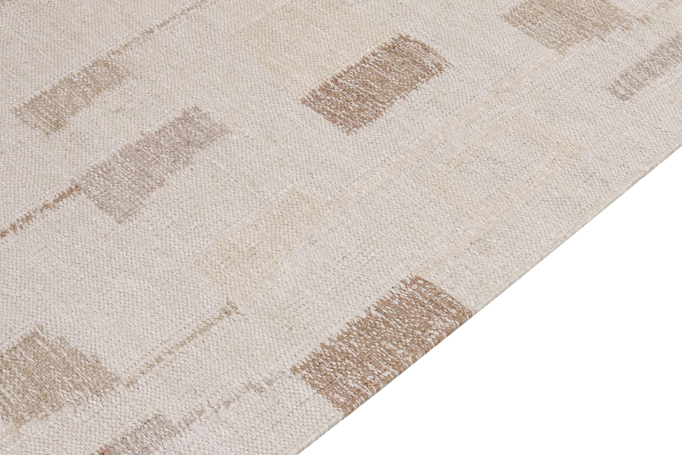 Indian Rug & Kilim's Scandinavian Style Flat Weave, Off White, Brown Deco Pattern For Sale
